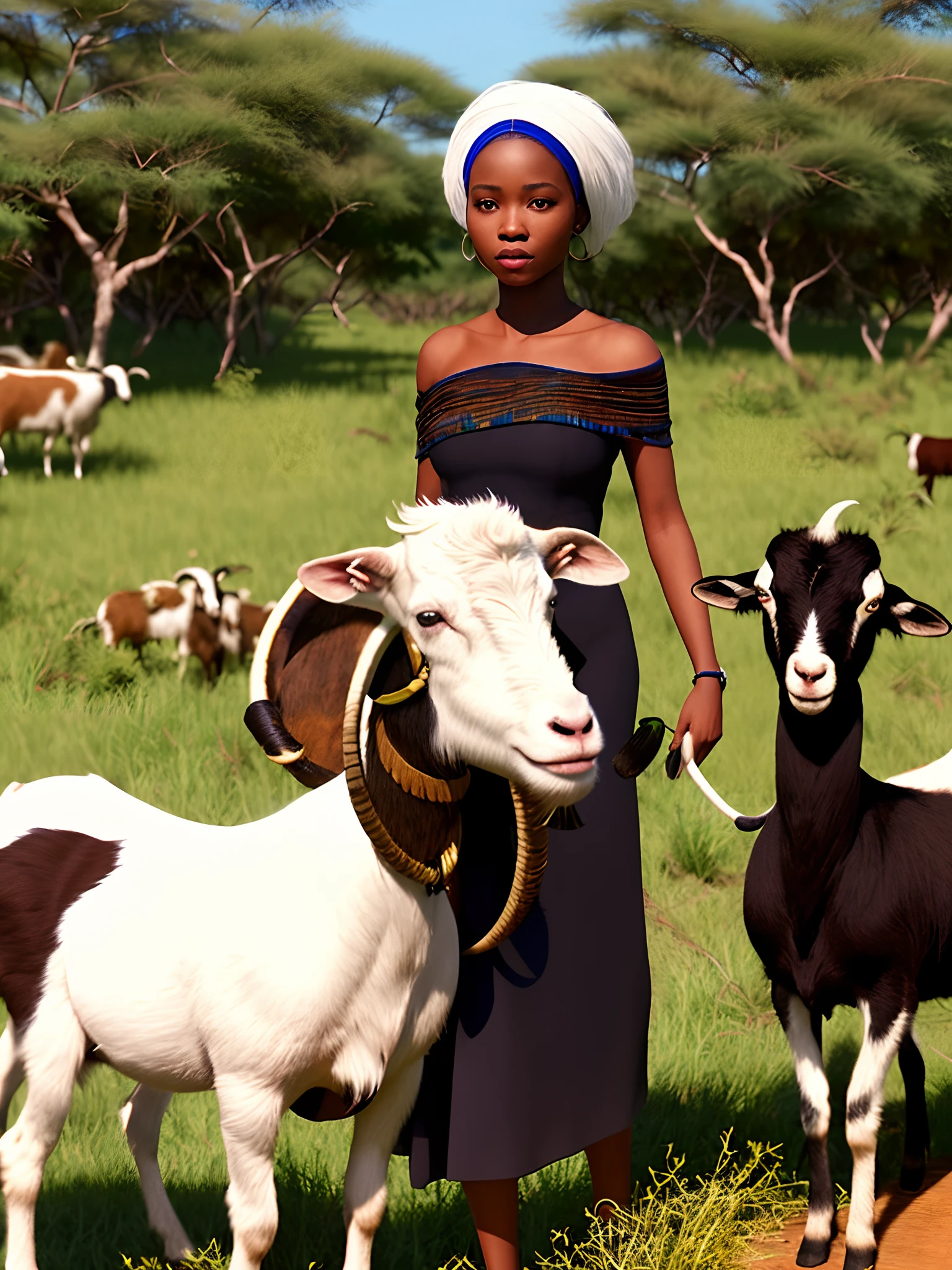 An image of an African woman with white hair rearing rams and goat in a beautiful African bush. Hyper-realistic, 8k, ultra HD, cinema 4d, --ar 3:2