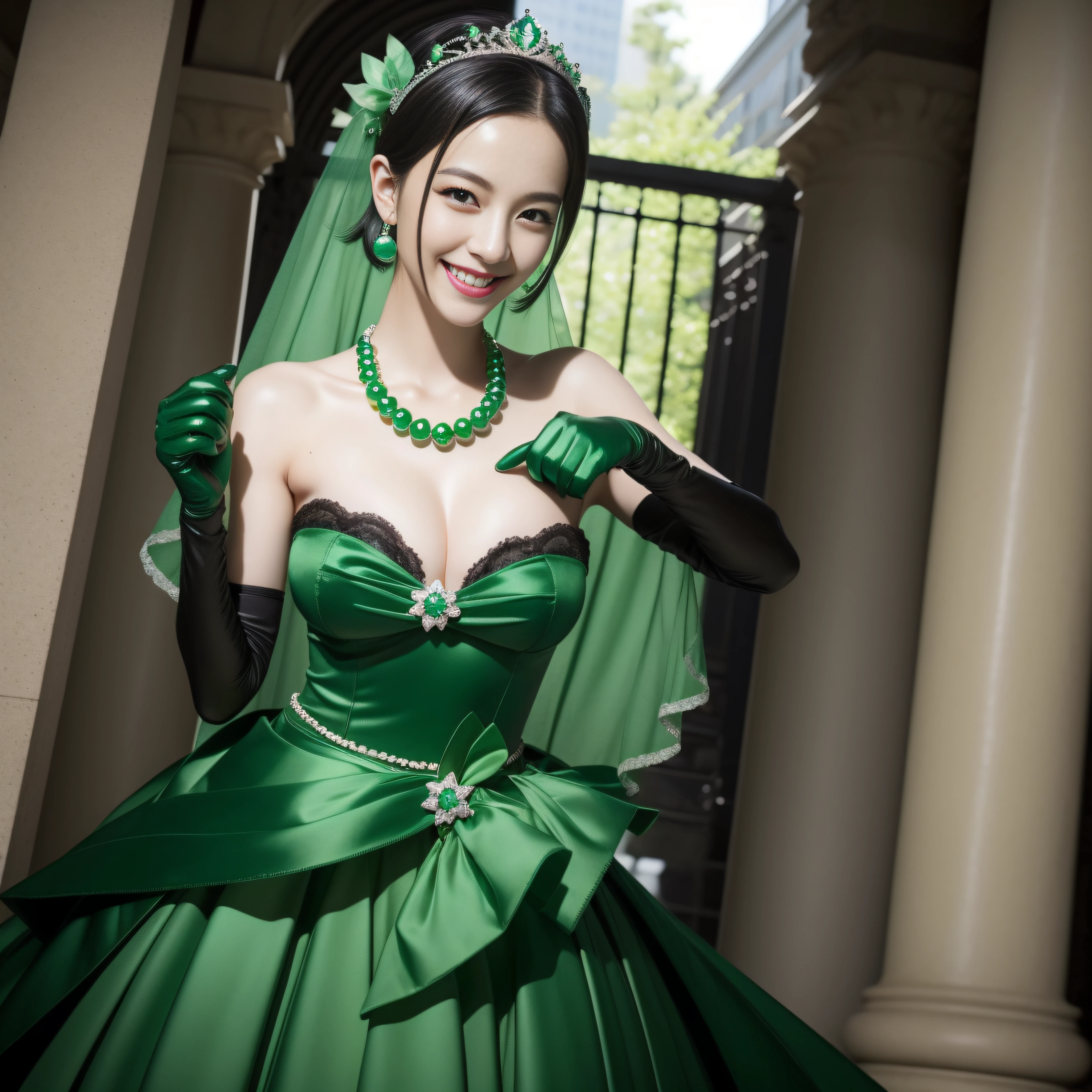 emerald tiara, Green Pearl Necklace, Boyish very short black hair, lipsticks, Japan woman smiling, Long green gloves made of satin material, very short short hair, fist, big breasts beautiful, verd s eyes