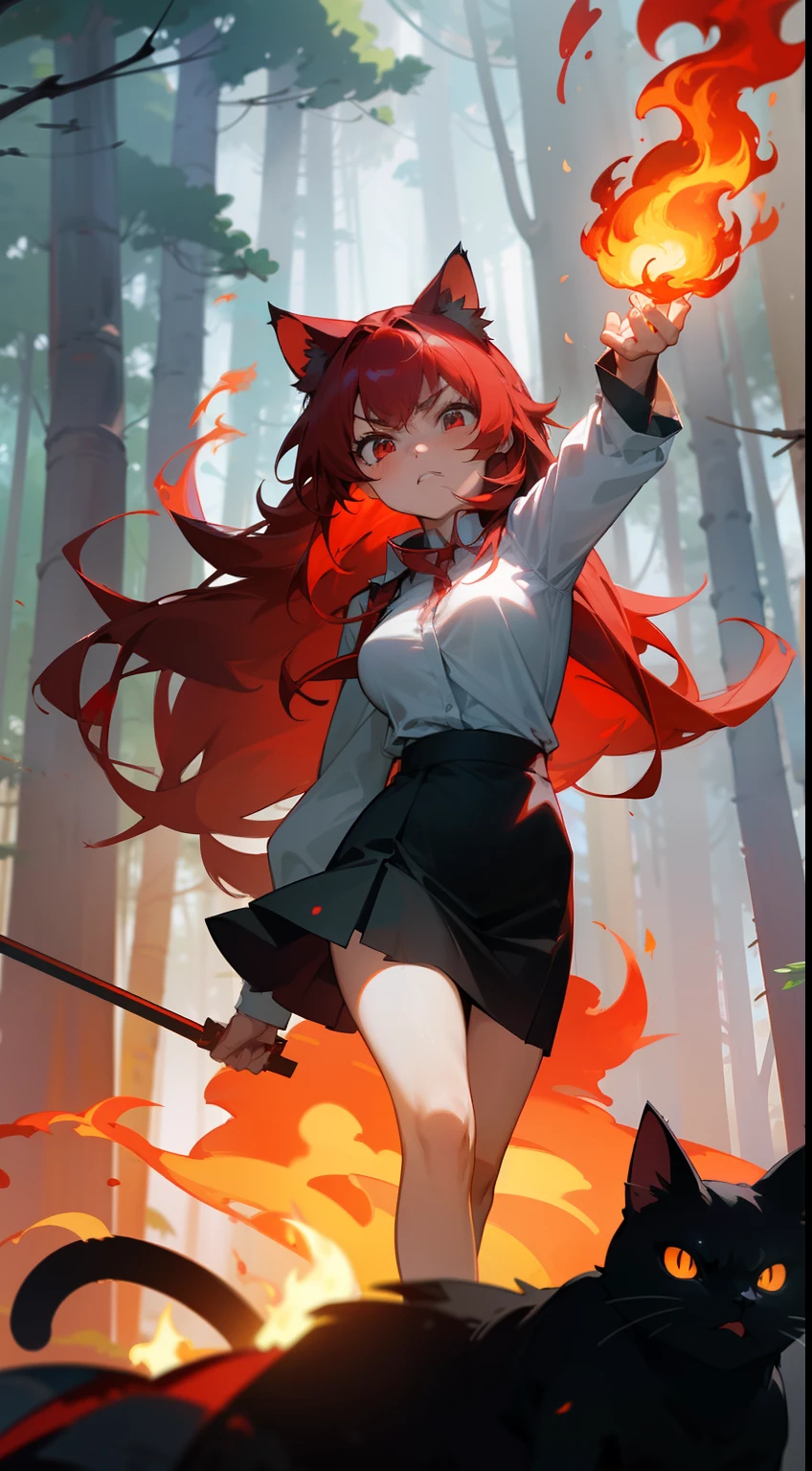 1girl ,20years,angry face,white shirt,black skirt,medium tits,red hair,long hair,red eyes,Cat ears(((walking in a forest))),(((casting magic fire,hides arms))),masterpiece,hd,4k