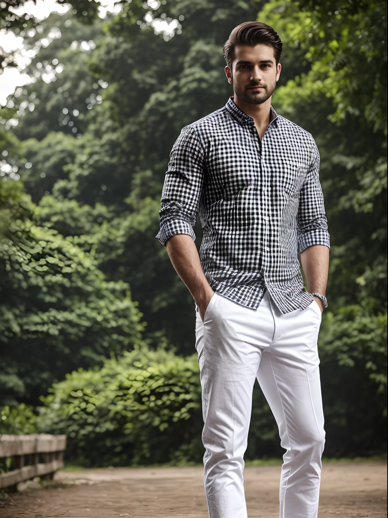 there is a man with black and white check shirt open button with white pant, posing for a photo, handsome look, outdoor photo shoot, posing handsome , hands in pant pockets, decent heir cut, little beard, little muscular look , 18 age guy