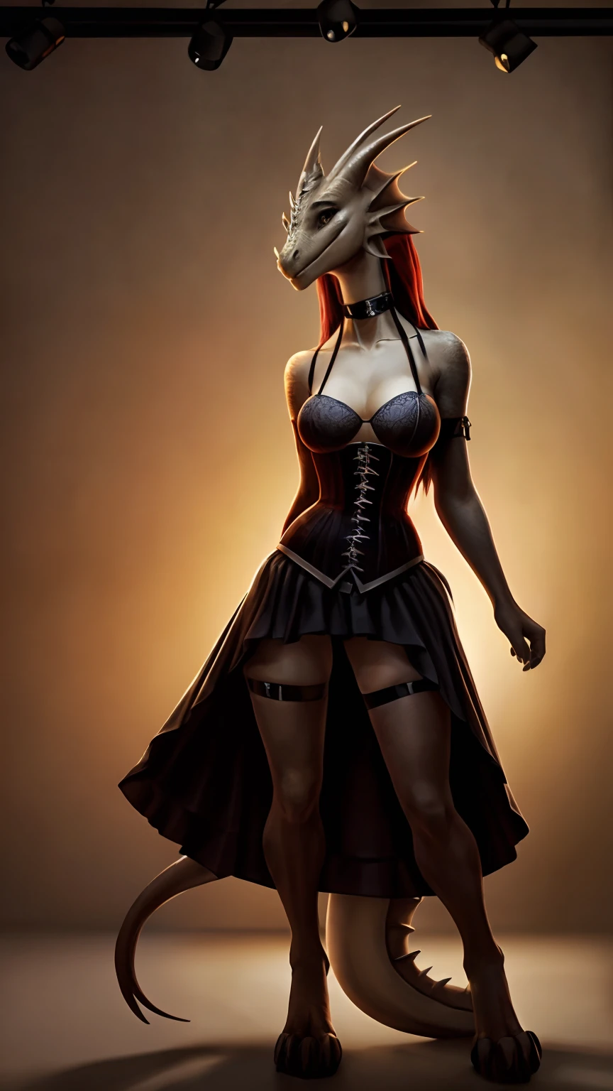 ((Seductive slender anthro dragoness in a corset)), ((red corset, bra, upskirt, stocklings, choker)) A  girl, anthro, scaly body, in full height, Slender breasts, scaled skin, long hair, membranous ears with piercing, small head, long neck, long slim legs, tail, Sly seductive look, ((studio lighting, photography)),