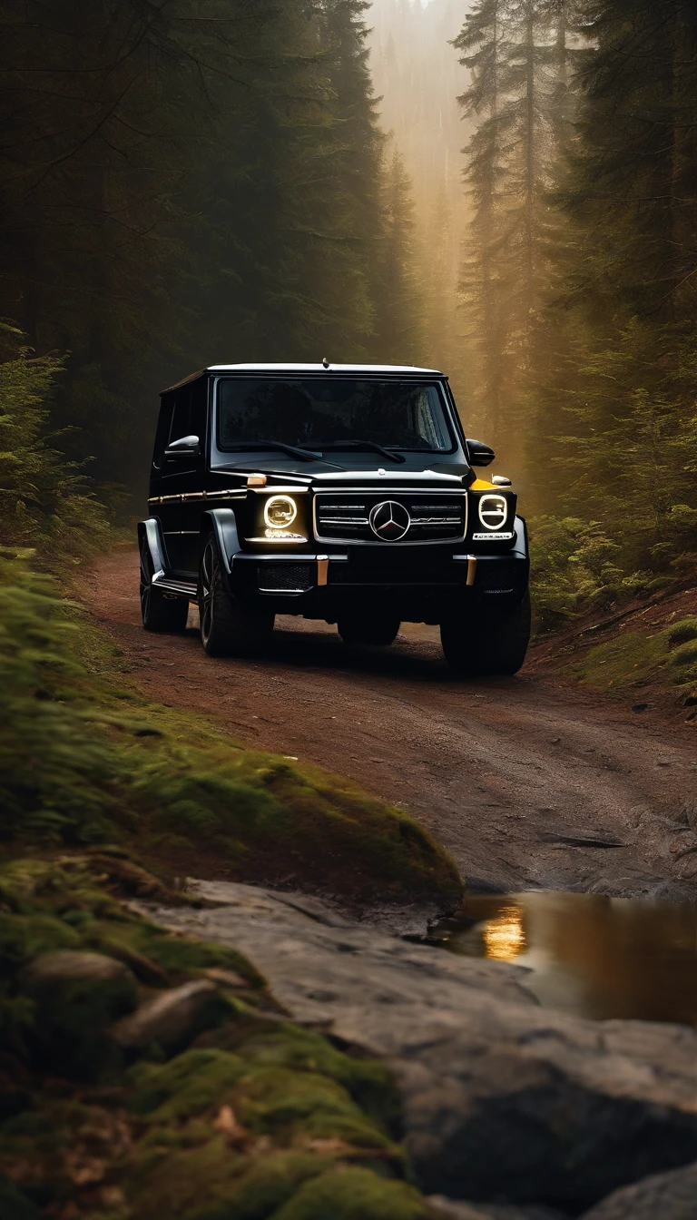 ultra-realistic image,Forest Road,Drive a Mercedes-Benz G off-road SUV