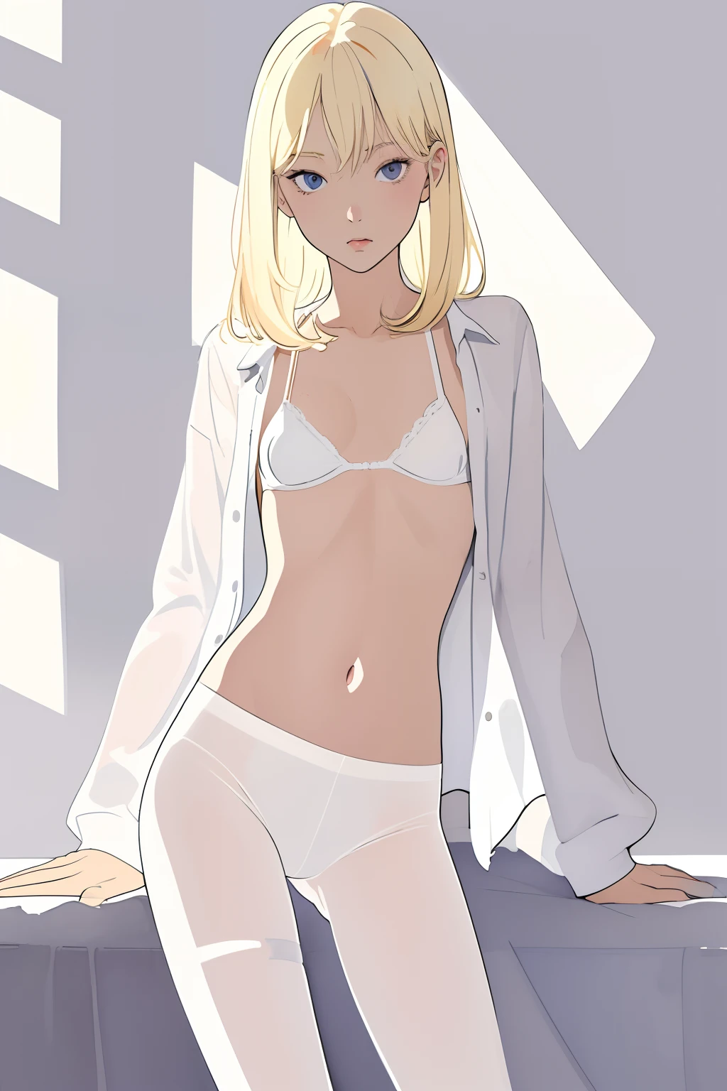 (superflat, flat shading, flat colors:1.1), 1girl, young teen, slim, small breast, blonde hair, white pantyhose, open shirt, white bra, in bedroom, (undressing), bright sunlight, best shadows, watercolor