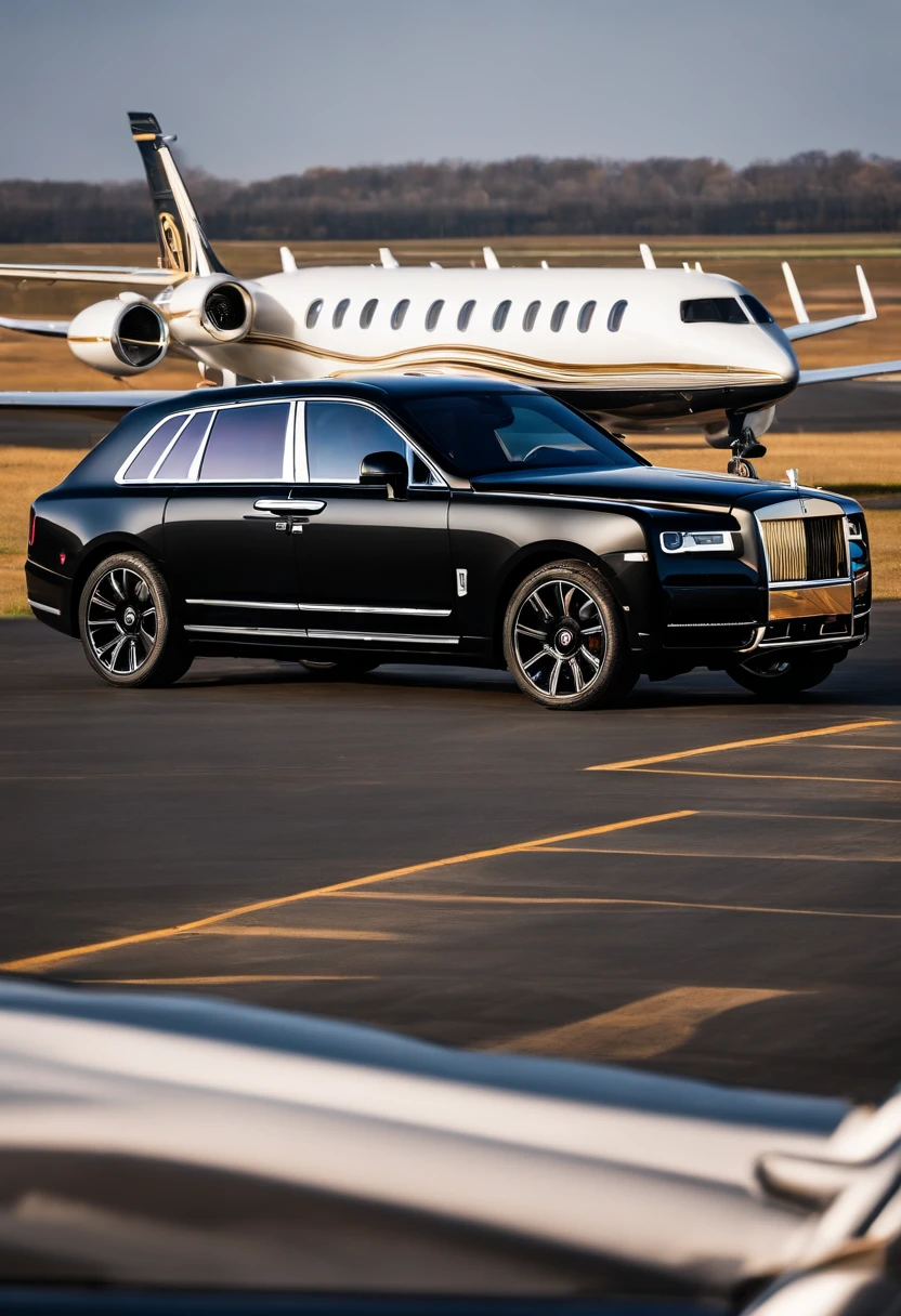 On the runway is parked the black gold Rolls-Royce Cullinan,A business jet white is parked on the side,Luxury