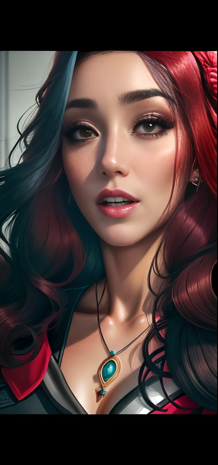 um close up de uma mulher latina cabelos pretos e ondulados, batom vermelho, olhos vermelhos
