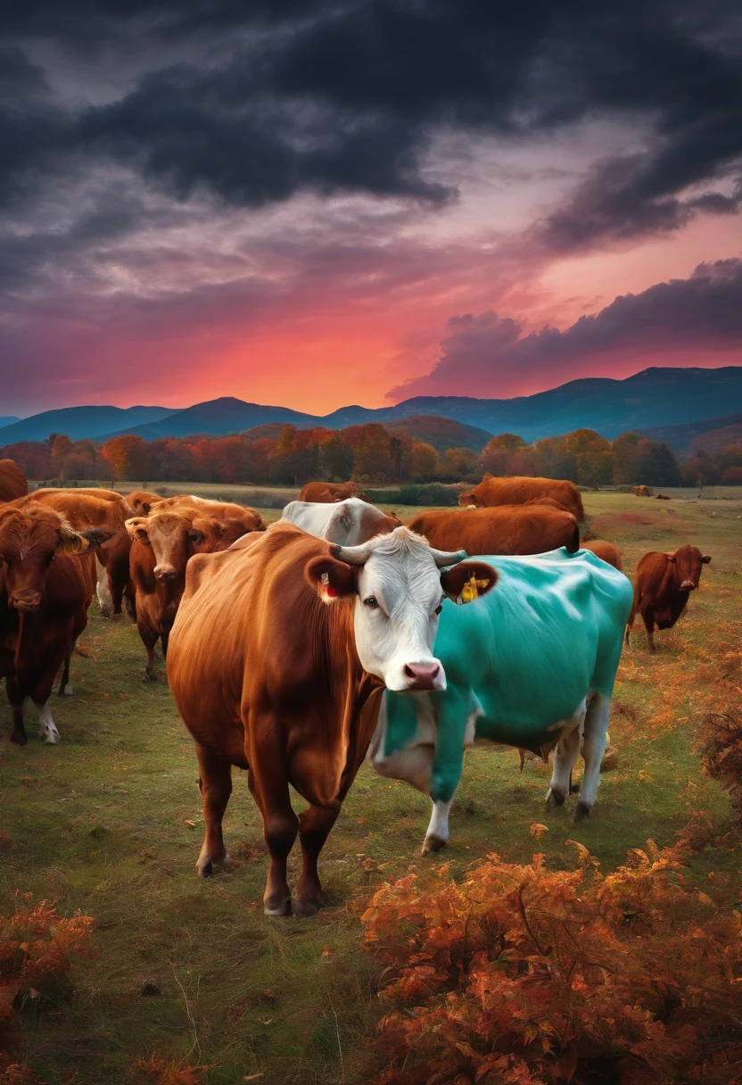 collage vibrante y colorido, with neon and shocking Cows, fall colors