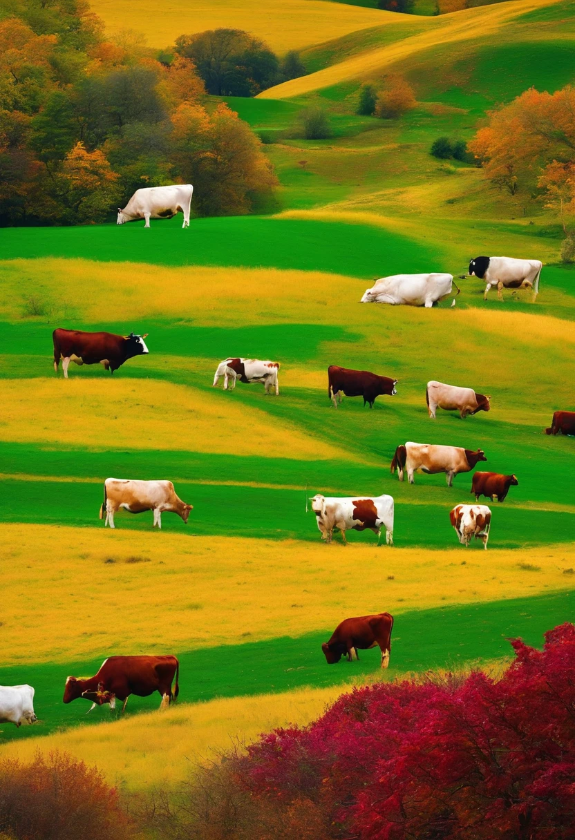 collage vibrante y colorido, with neon and shocking Cows, fall colors