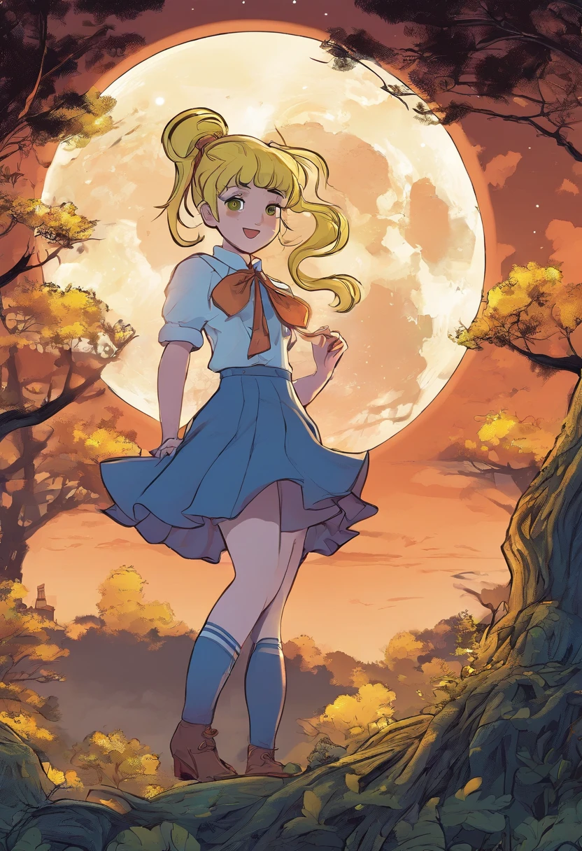 Forest at night,A blonde girl with double ponytail and yellow eyes(Wear a short skirt school uniform)The back of a singing song standing on a treetop,The sky has a full moon