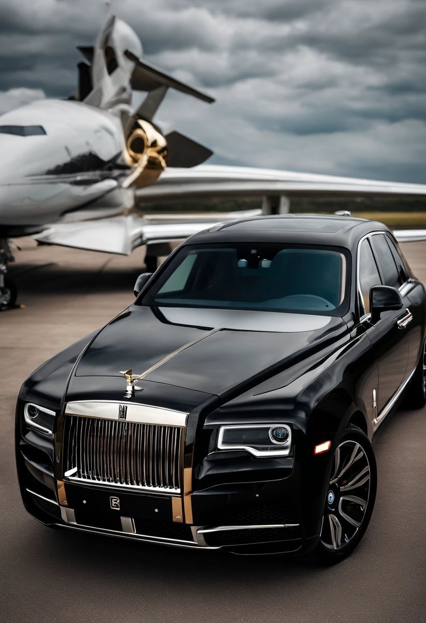 On the runway is parked the black gold Rolls-Royce Cullinan,A business jet white is parked on the side,Luxury