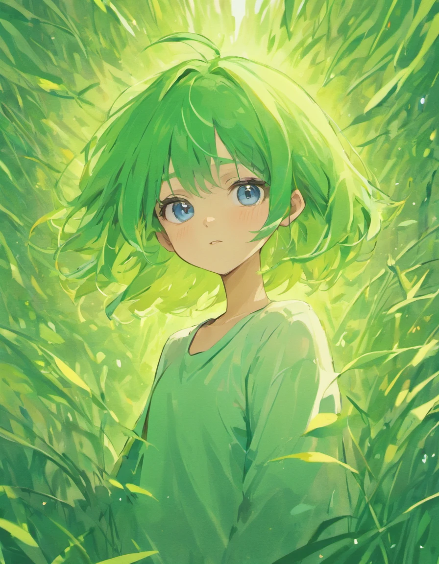 (garotinho adolescente), ((very messy hair)), cabelos verdes desbotados, curto, (olhos castanhos escuros), pale skin, master part, melhor qualidade, 4k, Cinematic lighting, parte superior do corpo, (camisa branca sem mangas), (((no expression))), Ahoge, rosto perfeito, Smooth grass background with blue sky, Estilo de Gege Akutami, illustration, Olhando para o Viewer, cabelos flutuantes, olhos grandes, olhar inocente, olhar calmo, ainda, cores saturadas, detailed cenary, tinta:1.2,