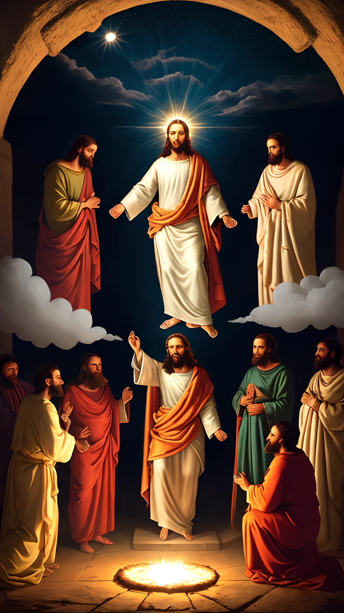 Photo of Jesus illuminating everyone around him in a bright cloud au his side John and Peter 8k, Realistic