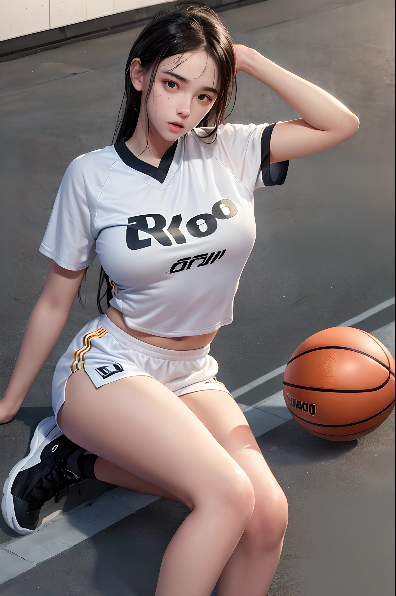 1girl, (8k, RAW photo, best quality, masterpiece:1.2), (realistic, photo-realistic:1.37), solo,ultra-detailed,basketball player, girl, (detailed beautiful face)small head,cute face, large breasts,narrow waist,nice legs, (detailed realistic skins),shiny skins ,wet skins,sweat, sporty,in basketbaall venue