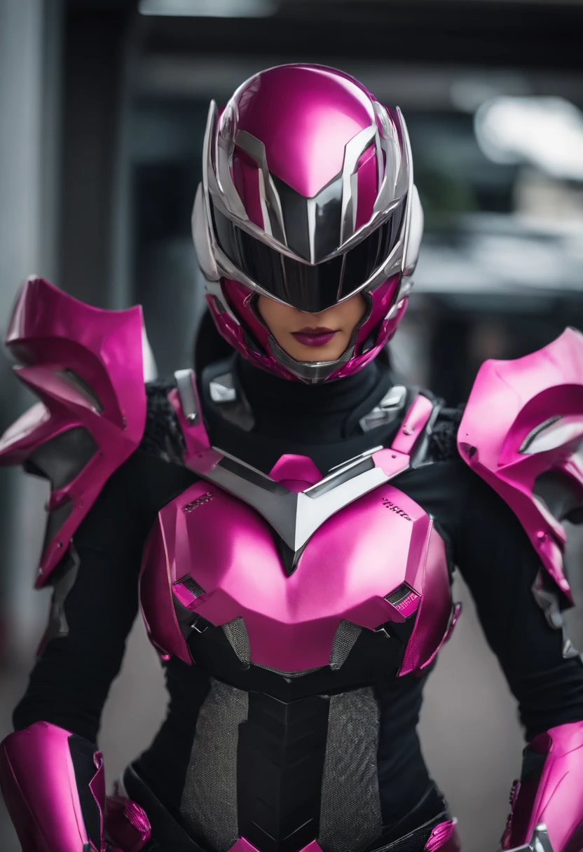 mulher em uma roupa rosa e preta, armadura rosa simplificada, armadura rosa lisa, fuchsia skin beneath the armor, cyber fight armor, sharp silver armor fuchsia skin, cyber japan style armor, cyber japan armor, Kamen Rider personagem, fuchsia skin below the armor, knights of zodiac girl, menina em mecha cyber armor, tokusatsu, ultra realista, Kamen rider, 4K