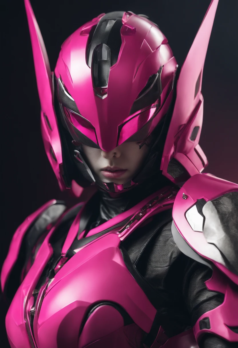 mulher em uma roupa rosa e preta, armadura rosa simplificada, armadura rosa lisa, fuchsia skin beneath the armor, cyber fight armor, sharp silver armor fuchsia skin, cyber japan style armor, cyber japan armor, Kamen Rider personagem, fuchsia skin below the armor, knights of zodiac girl, menina em mecha cyber armor, tokusatsu, ultra realista, Kamen rider, 4K