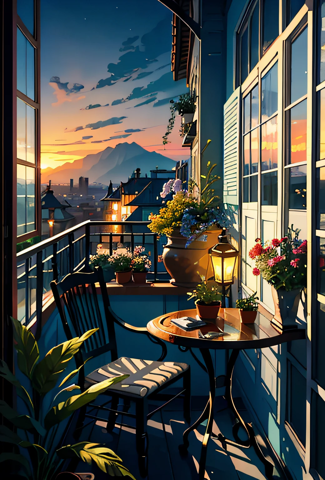 Veranda, Terrace, balcony, embankment, huge, plants in pots, flowers in a vase, figurines, rocking chair, birds, cat, expensive and cozy interior, creative workshop, décor, Cozy artist's workshop, easel, color palette, acrylic paints, paintings, large windows, loggia, art, awards, table, sofa, armchairs, mirror, crystals, meditation, harmony, many books on the walls, view from the window, sea, mountains,  amazing sunset, floral arrangements, paints, brushes, artist's theme, graceful, dynamic bright lighting, happiness, full color, multicolored, artificial, highest detail, super quality, fine details, highlights, neon lights, masterpiece, best colors