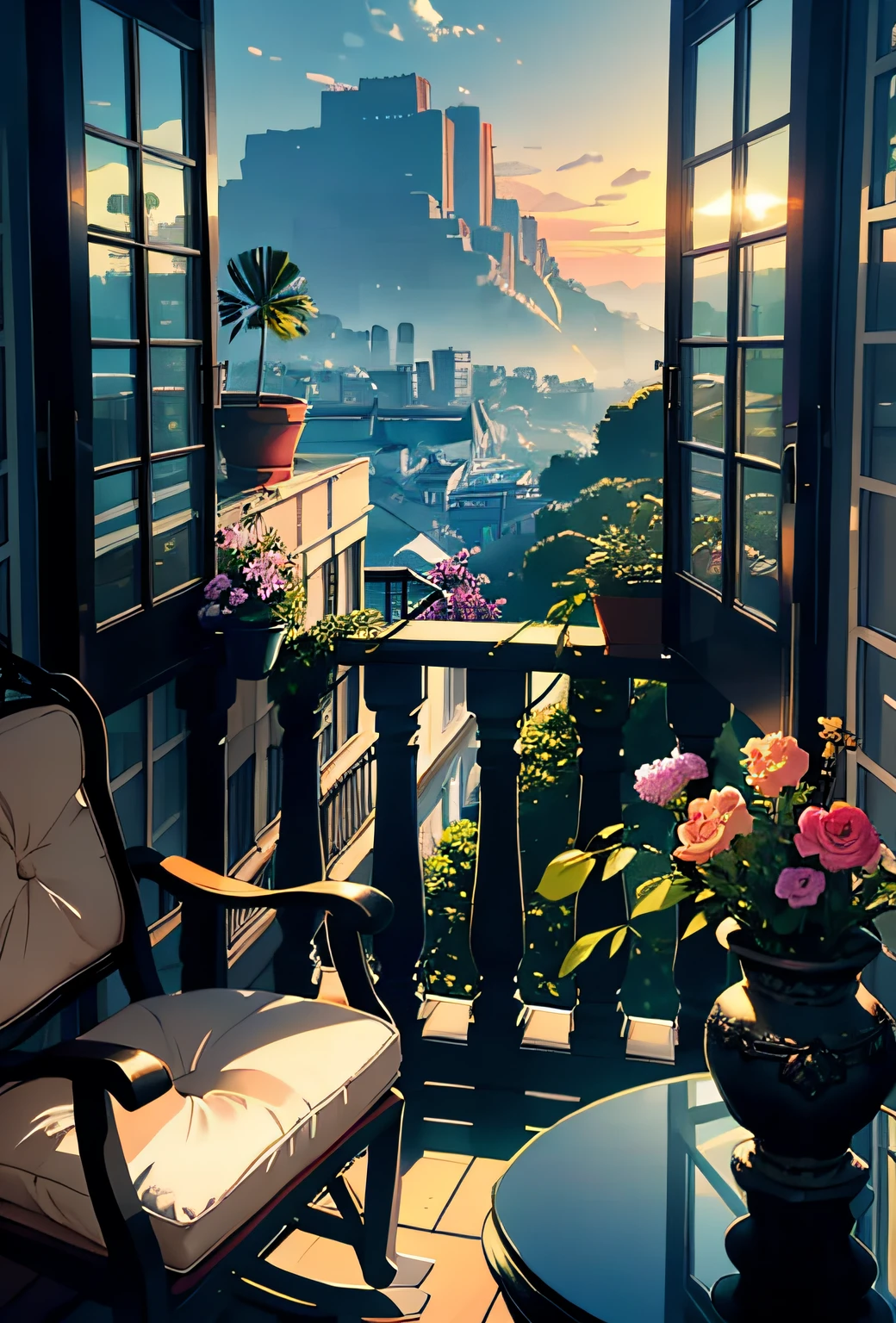 Veranda, Terrace, balcony, embankment, huge, plants in pots, flowers in a vase, figurines, rocking chair, birds, cat, expensive and cozy interior, creative workshop, décor, Cozy artist's workshop, easel, color palette, acrylic paints, paintings, large windows, loggia, art, awards, table, sofa, armchairs, mirror, crystals, meditation, harmony, many books on the walls, view from the window, sea, mountains, amazing sunset, floral arrangements, paints, brushes, artist's theme, graceful, dynamic bright lighting, happiness, full color, multicolored, artificial, highest detail, super quality, fine details, highlights, neon lights, masterpiece, best colors