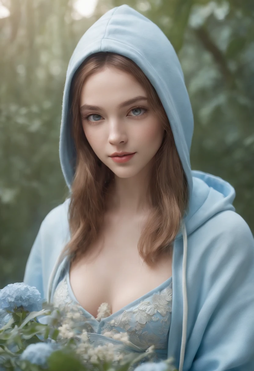 (Female) rays of shimmering light, Anna Dittmann, hyper detailed, hoodie dress, hyperrealism, digital painting, beautiful, cutie patootie, very beautiful and innocent, radiant, detailed, photorealistic, a blue flowers background, ethereal, wlop, wlop, matte painting, romanticism, hyperrealism, deviantart, anime character, digital illustration Birthday Card Mockups, player unknown battleground, light blue, diorama, vertex, arnold render, anime, 8k, 360 angle, art by edward munch, light, by atey ghailan.