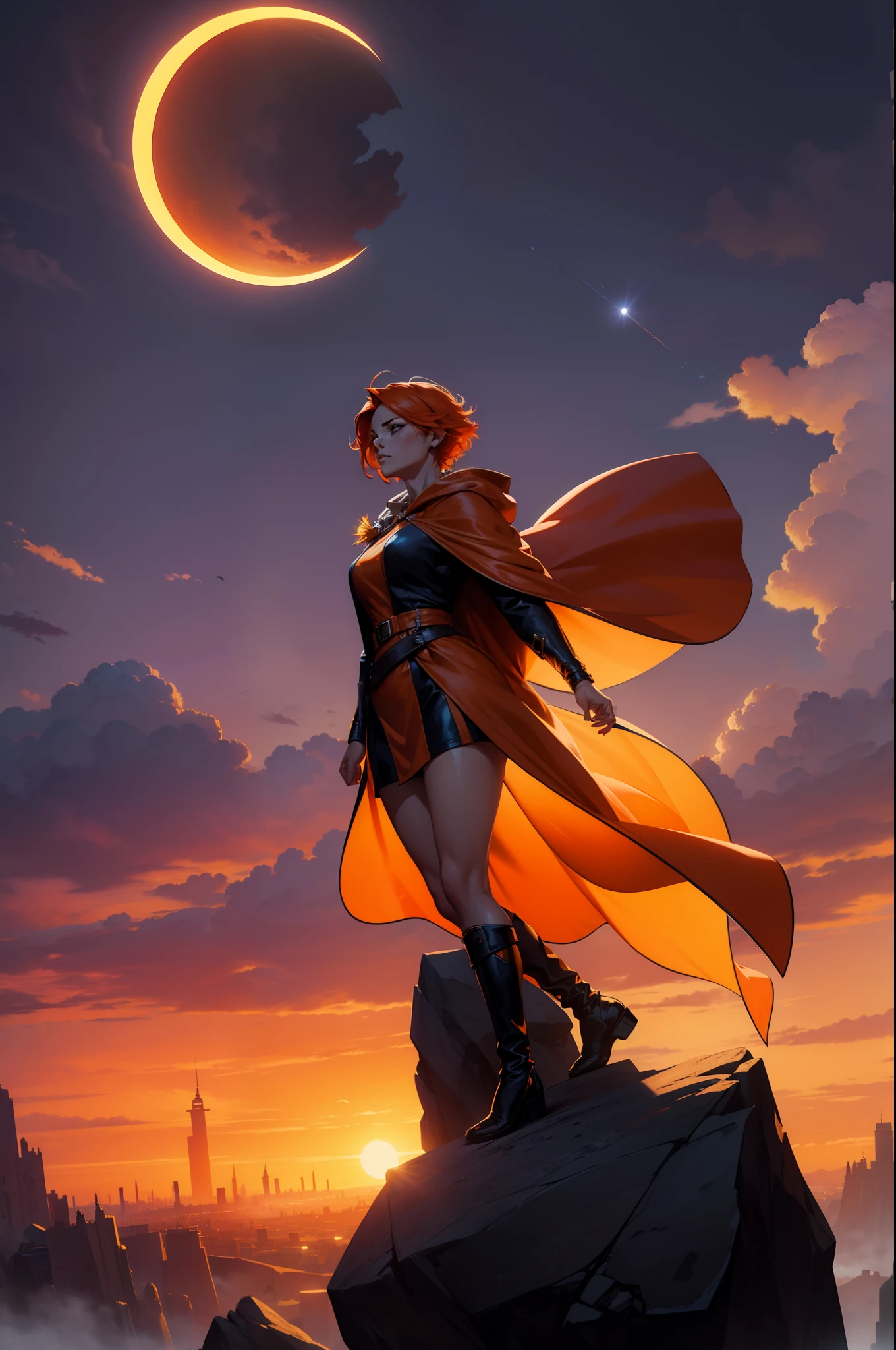A female character magician with orange hair making a powerful position on a raised stone in a city among the clouds sunset sky full of clouds magician wearing hood of beautiful bathrobe 8k dramatic scenery statues character with short hair and large cape fluttering in the eclipse of the wind behind at the apex of the magnificent landscape imagec dramatic scene