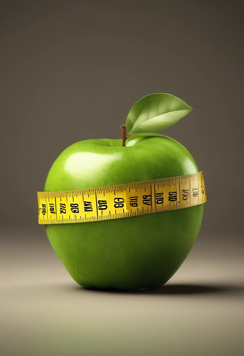 A green apple with a tape measure wrapped around it, ( Fita Metrica Amraela ) photorealistic illustration, 3D-rendering", hd illustration, realistic illustration, ultrarealistic illustration, apple design, digital illustation