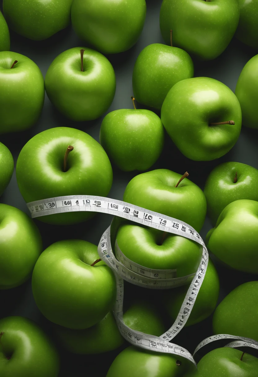 A green apple with a tape measure wrapped around it, ( Fita Metrica Amraela ) photorealistic illustration, 3D-rendering", hd illustration, realistic illustration, ultrarealistic illustration, apple design, digital illustation