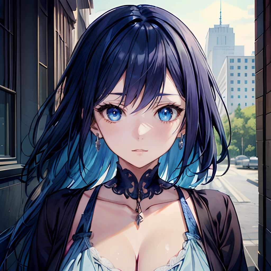 anime girl with blue hair and blue eyes standing in front of a building, anime style 4 k, detailed digital anime art, digital anime art, anime style. 8k, seductive anime girl, realistic anime artstyle, beautiful anime portrait, beautiful anime girl, anime style portrait, detailed portrait of anime girl, anime styled digital art, anime moe artstyle, beautiful anime woman