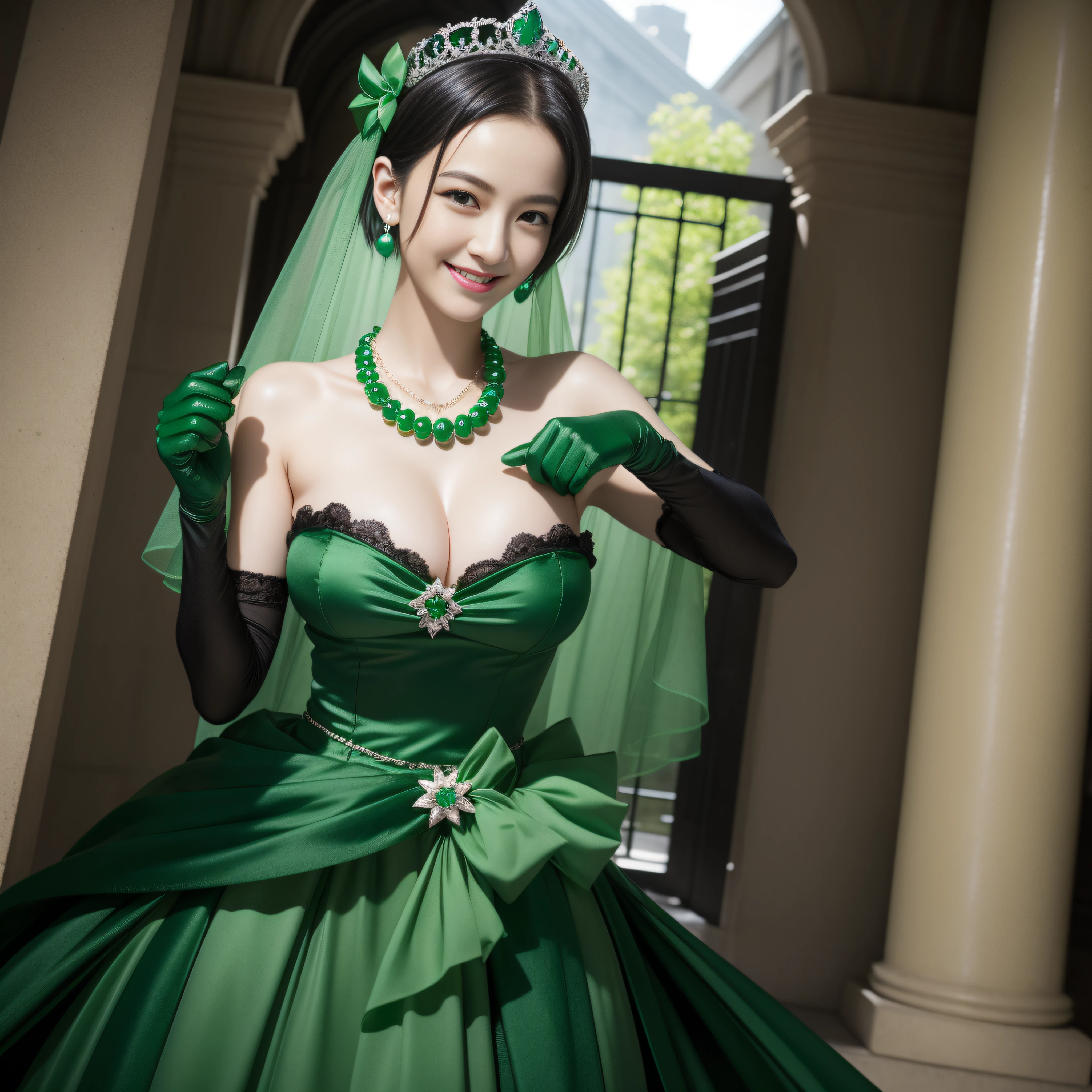 emerald tiara, Green Pearl Necklace, Boyish very short black hair, lipsticks, Japan woman smiling, Very short black hair, fist, big breasts beautiful, verd s eyes, Long green gloves made of satin material
