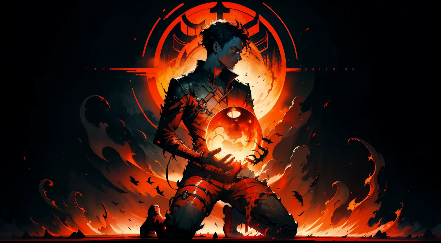 Dark, Fire Theme, red theme, Fire Theme, orange,((Silhouette of a man, kneeling)), an ominous fantasy illustration, dan mumford tom bagshaw, Dark Fantasy Art Style, Beautiful illustration for decoration, Dark, But detailed digital art, fantasy horror art, dark fantasy style art, Beksinski and James Jean, inspired by Aleksi Briclot, Dark Fantasy Illustration