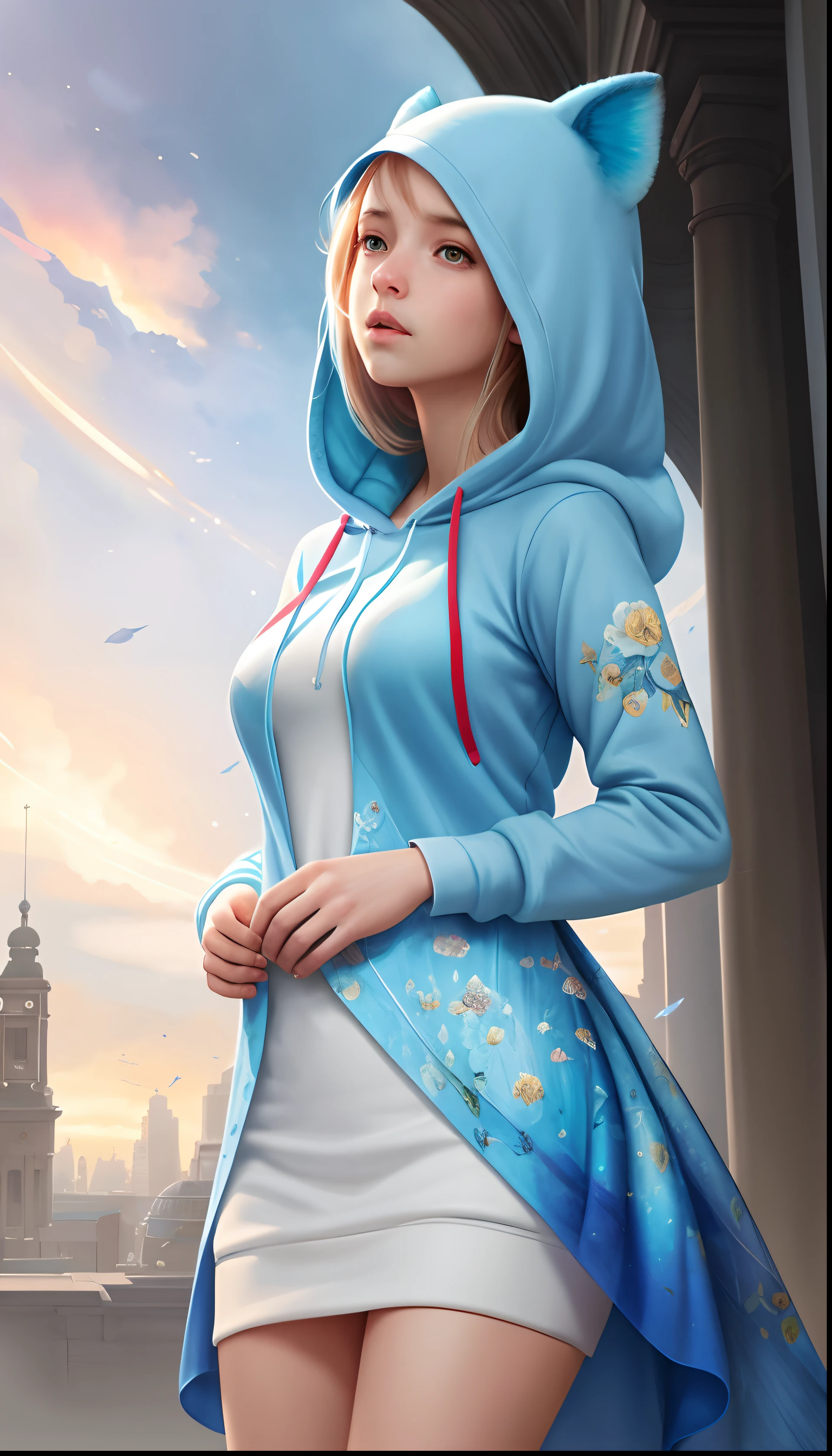 (Female) rays of shimmering light, Anna Dittmann, hyper detailed, hoodie dress, hyperrealism, digital painting, beautiful, cutie patootie, very beautiful and innocent, radiant, detailed, photorealistic, a blue flowers background, ethereal, wlop, wlop, matte painting, romanticism, hyperrealism, deviantart, anime character, digital illustration Birthday Card Mockups, player unknown battleground, light blue, diorama, vertex, arnold render, anime, 8k, 360 angle, art by edward munch, light, by atey ghailan.