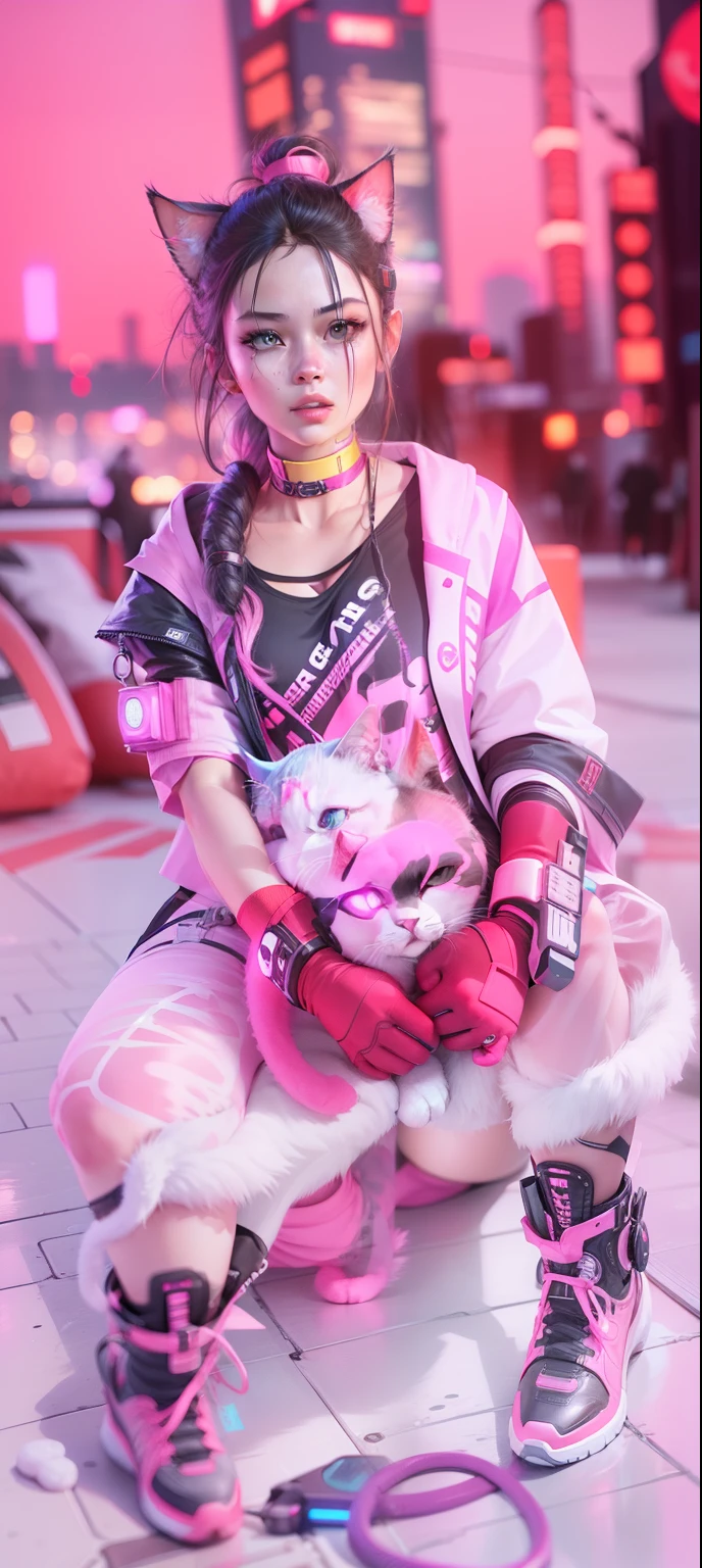 Change background cyberpunk cute girl, realistic face, 4k, ultra realistic with cat.