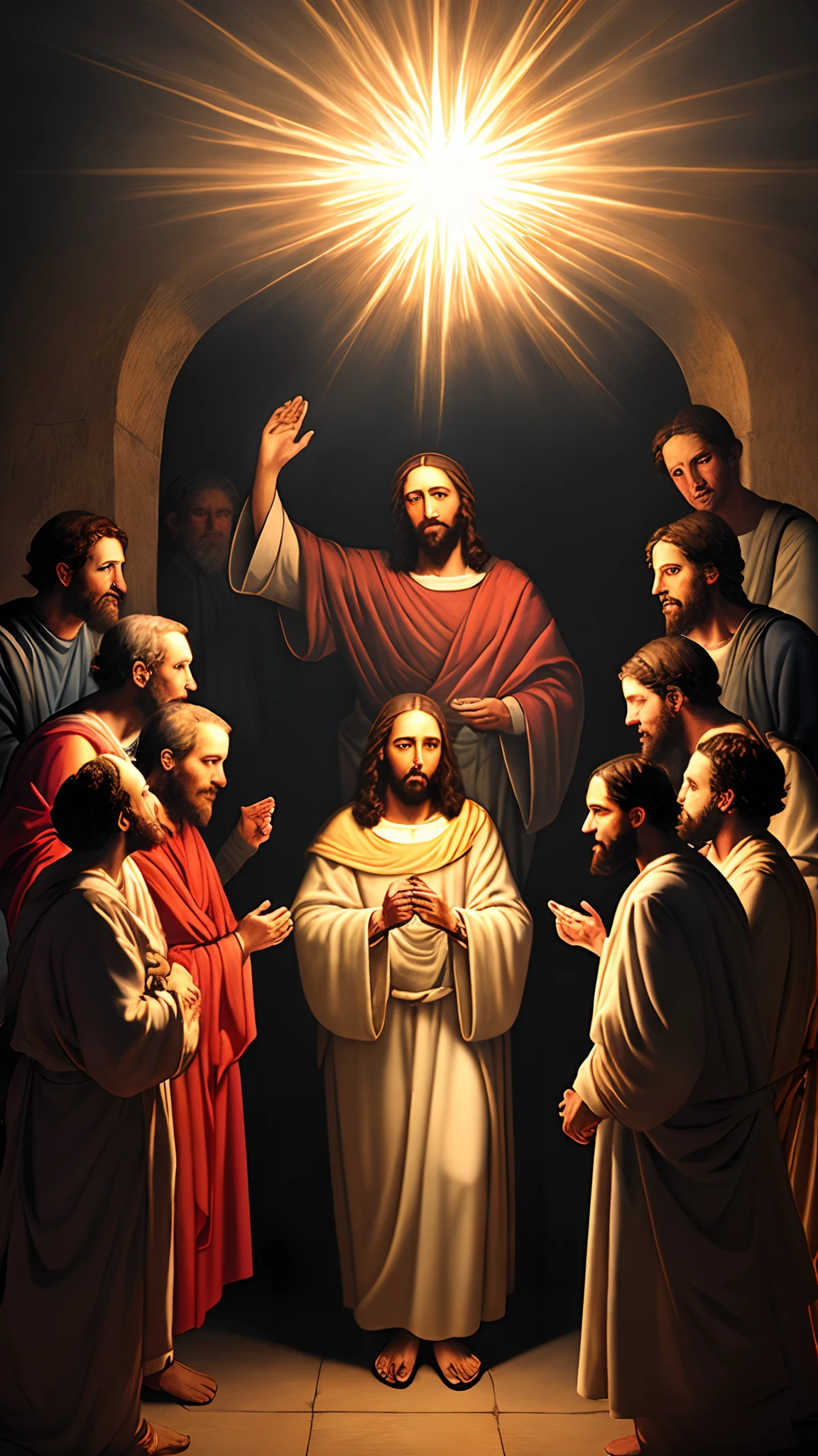 Photo of Jesus illuminating everyone around him in a bright cloud au his side John and Peter 8k, Realistic