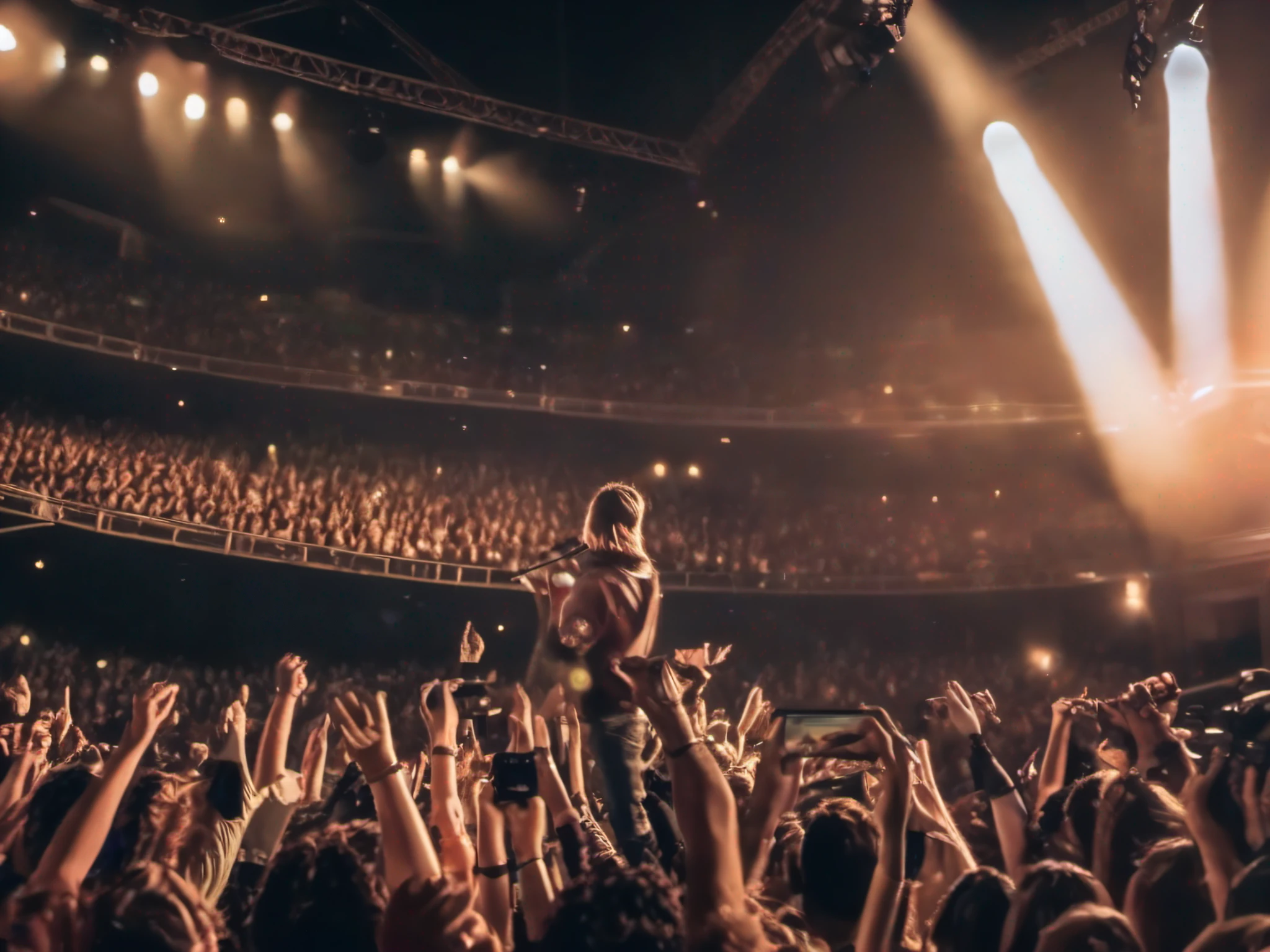 Crie um concerto de rock, Rockstar, cantor, crowd, pequeno palco, luzes de palco, Downlight, EMOTION, Todos cantam, Realistic, 4k, DETAILED PHOTOGRAPHY, Cymematic Photography, microfone,
