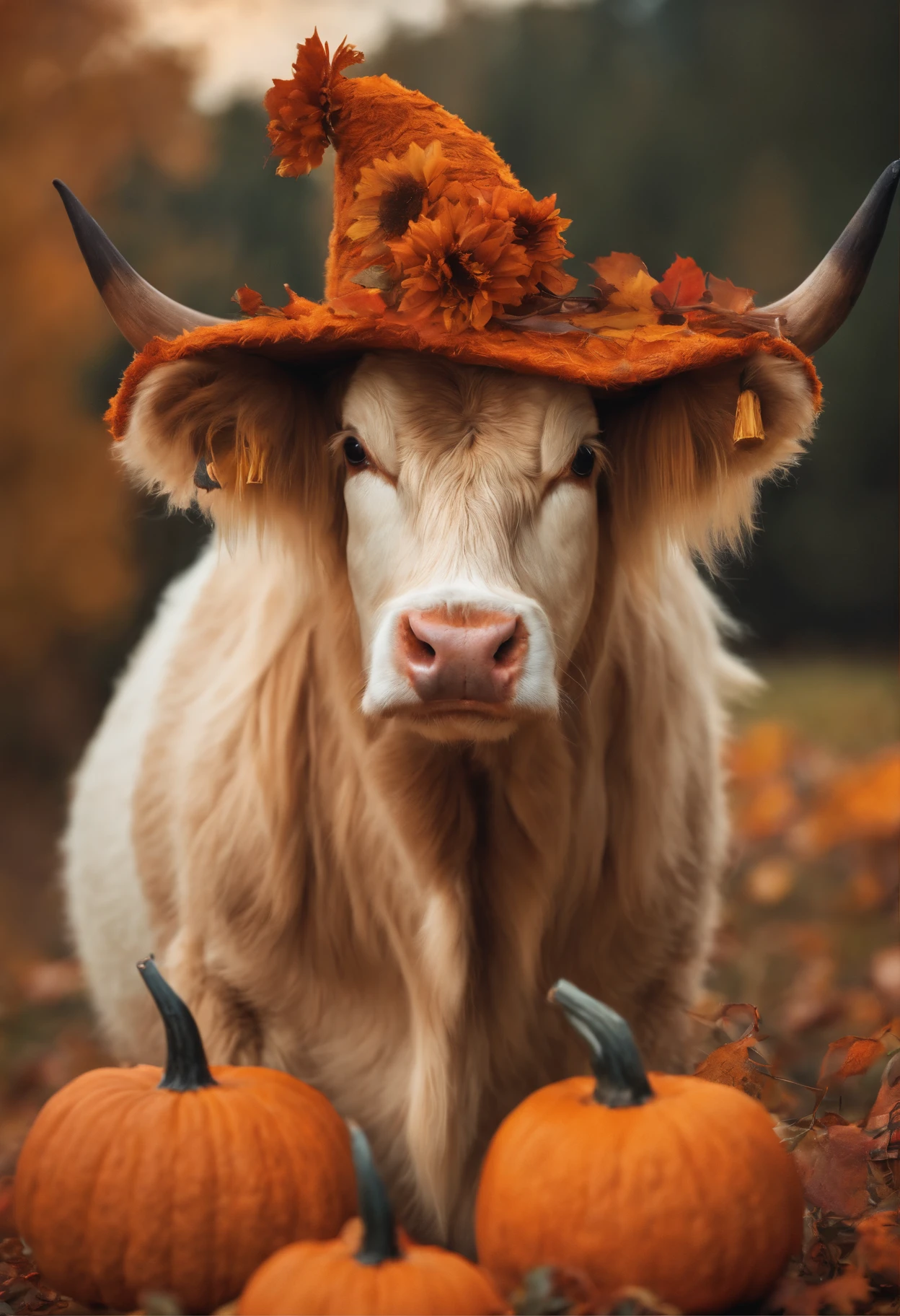 Fluffy long hair cow, fall, witch hat, pumpkins