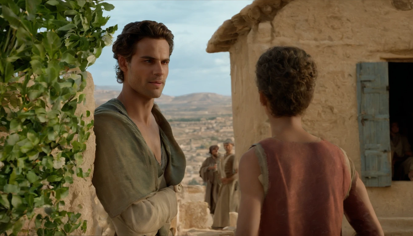 Jordan, o jovem sonhador: Uma imagem de Jordan, The protagonist of the story, com um olhar determinado e sonhador em seus olhos, perhaps with a setting of his village in the background. an image in a village with envious and toxic people in Jordan's life, showing them in a dark manner or with hostile expressions.