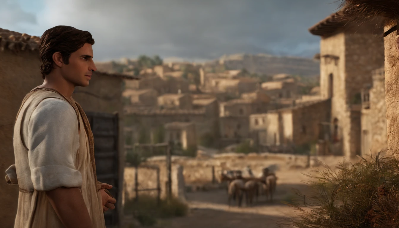 Jordan, o jovem sonhador: Uma imagem de Jordan, The protagonist of the story, com um olhar determinado e sonhador em seus olhos, perhaps with a setting of his village in the background. an image in a village with envious and toxic people in Jordan's life, showing them in a dark manner or with hostile expressions.