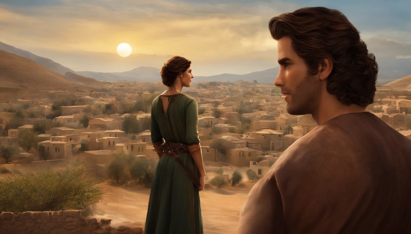 Jordan, o jovem sonhador: Uma imagem de Jordan, The protagonist of the story, com um olhar determinado e sonhador em seus olhos, perhaps with a setting of his village in the background. an image in a village with envious and toxic people in Jordan's life, showing them in a dark manner or with hostile expressions.