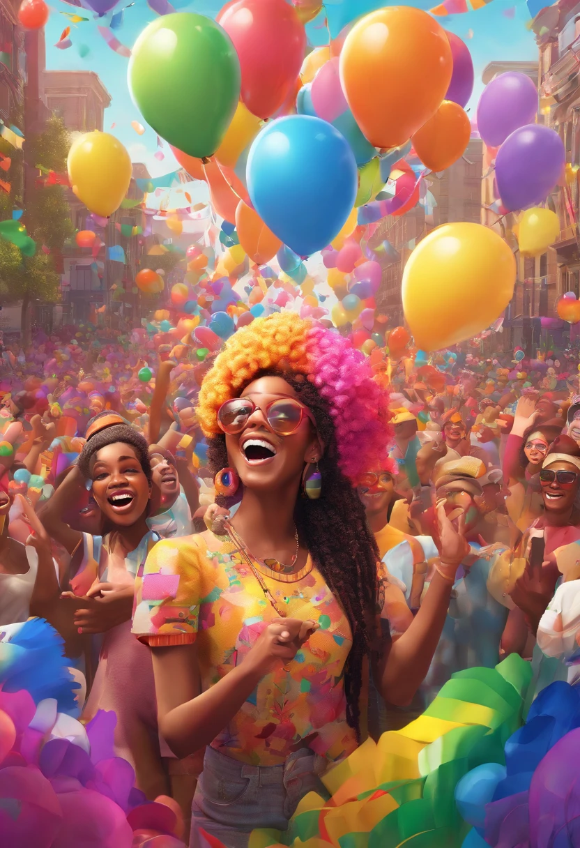 A Black Transsexual Woman with a Rainbow Flag, belos olhos detalhados, Sorriso confiante, e personalidade vibrante, wreath on head, Earrings with Christmas ornaments and fancy clothes from the 70s is in the middle of a busy Pride Parade. She is surrounded by a diverse and passionate crowd that is celebrating love, inclusion, e igualdade. Colorful balloons, Giant floats, e pessoas com trajes vibrantes enchem as ruas, criando uma atmosfera animada e festiva. The air is filled with joy and excitement as music blows from the speakers and confetti fills the air. The art is created using a combination of illustration and photography. The medium used is a digital illustration with a touch of photo-realism, Enhancing the details and bringing the scene to life. The colors are vivid and vibrant, com uma ampla gama de matizes para capturar a diversidade e energia do desfile. The lighting is bright and sunny, casting a warm glow on the scene and highlighting the cheerful expressions on people's faces. Image quality is top-notch, with high resolution of 4k or 8k. Every detail is meticulously crafted, from the intricate patterns on the costumes to the reflections on the shiny floats. A obra de arte tem um estilo realista e foto realista, making it feel like a snapshot of a real-life celebration. The warning emphasizes the celebration of pride, The diversity of the crowd, e a atmosfera vibrante. It captures the essence of Marsha P. Johnson,The legacy and its contribution to the LGBTQ community+ movimento de direitos.