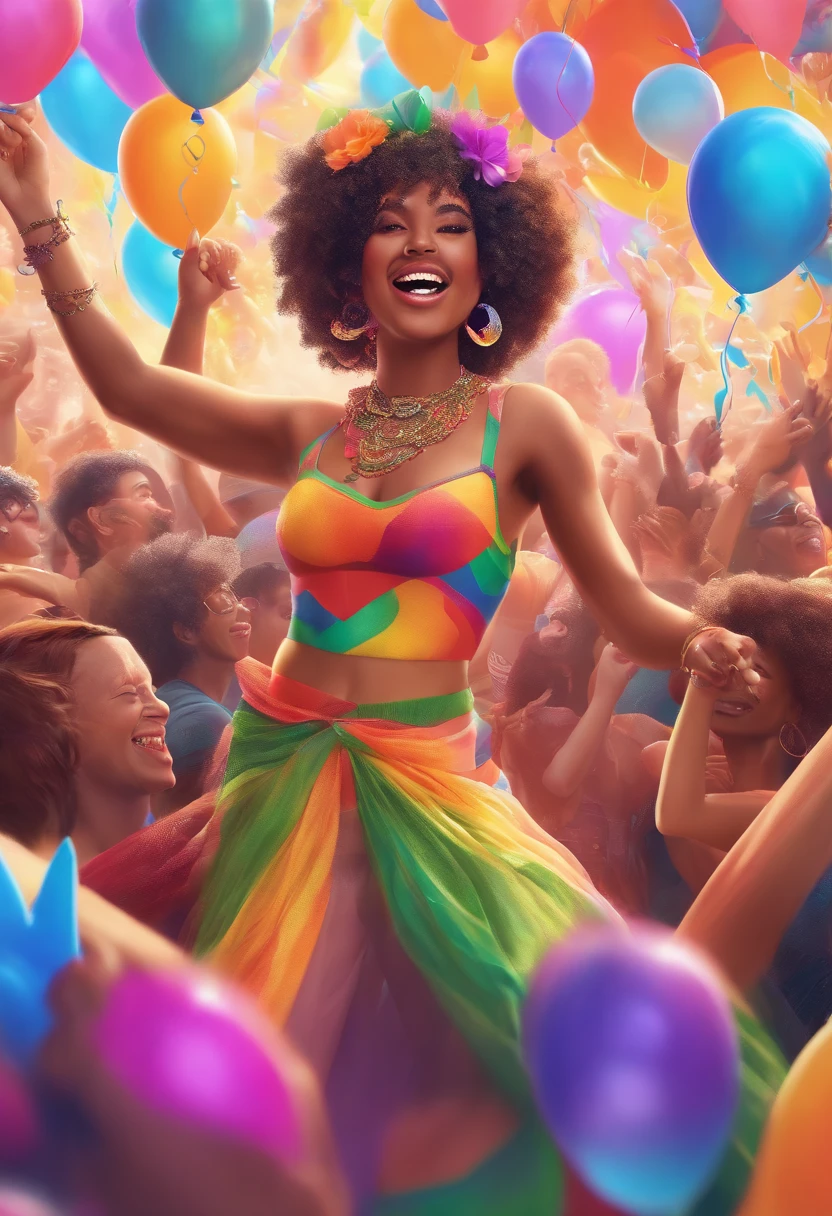A middle-aged black transgender woman with a rainbow flag, belos olhos detalhados, Sorriso Confiante, e personalidade vibrante, wreath on head, Earrings with Christmas ornaments and extravagant clothes from the 70s is in the middle of a busy Pride Parade. She is surrounded by a diverse and passionate crowd that is celebrating love, inclusion, e igualdade. Colorful balloons, Giant floats, e pessoas com trajes vibrantes enchem as ruas, criando uma atmosfera animada e festiva. The air is filled with joy and excitement as music blows from the speakers and confetti fills the air. The art is created using a combination of illustration and photography. The medium used is a digital illustration with a touch of photo-realism, Enhancing the details and bringing the scene to life. The colors are vivid and vibrant, com uma ampla gama de matizes para capturar a diversidade e energia do desfile. The lighting is bright and sunny, casting a warm glow on the scene and highlighting the cheerful expressions on people's faces. Image quality is top-notch, with high resolution of 4k or 8k. Every detail is meticulously crafted, from the intricate patterns on the costumes to the reflections on the shiny floats. A obra de arte tem um estilo realista e foto realista, making it feel like a snapshot of a real-life celebration. The warning emphasizes the celebration of pride, The diversity of the crowd, e uma atmosfera vibrante. It captures the essence of Marsha P. Johnson,The legacy and its contribution to the LGBTQ community+ movimento de direitos.