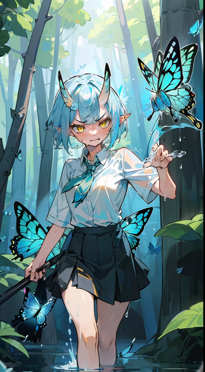 1oni girl,solo,(((angry face))),white shirt,black skirt,light blue hair, short hair,,yellow eyes,elve ear,mature female,oni horns,medium tits,(((walking in a forest))),(((casting water magic, several bright blue butterflies around,hidden hands))),masterpiece,hd,4k