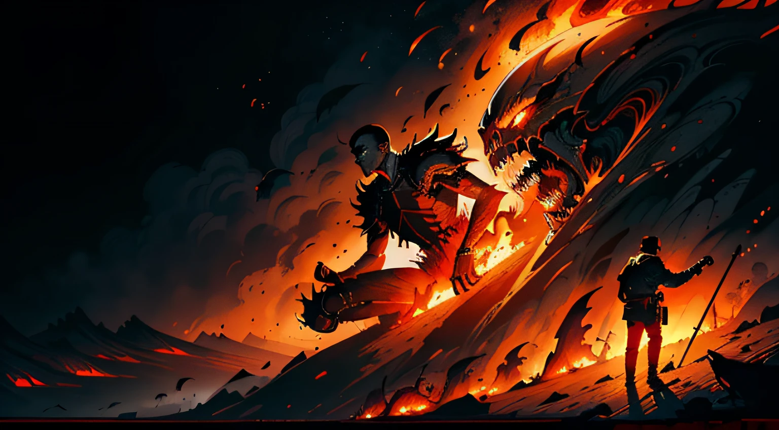 Dark, Fire Theme, red theme, Fire Theme, Orange,((Silhouette of a man, Kneeling)), an ominous fantasy illustration, dan mumford tom bagshaw, Dark Fantasy Art Style, Beautiful illustration for decoration, Dark, But detailed digital art, fantasy horror art, dark fantasy style art, Beksinski and James Jean, inspired by Aleksi Briclot, Dark Fantasy Illustration