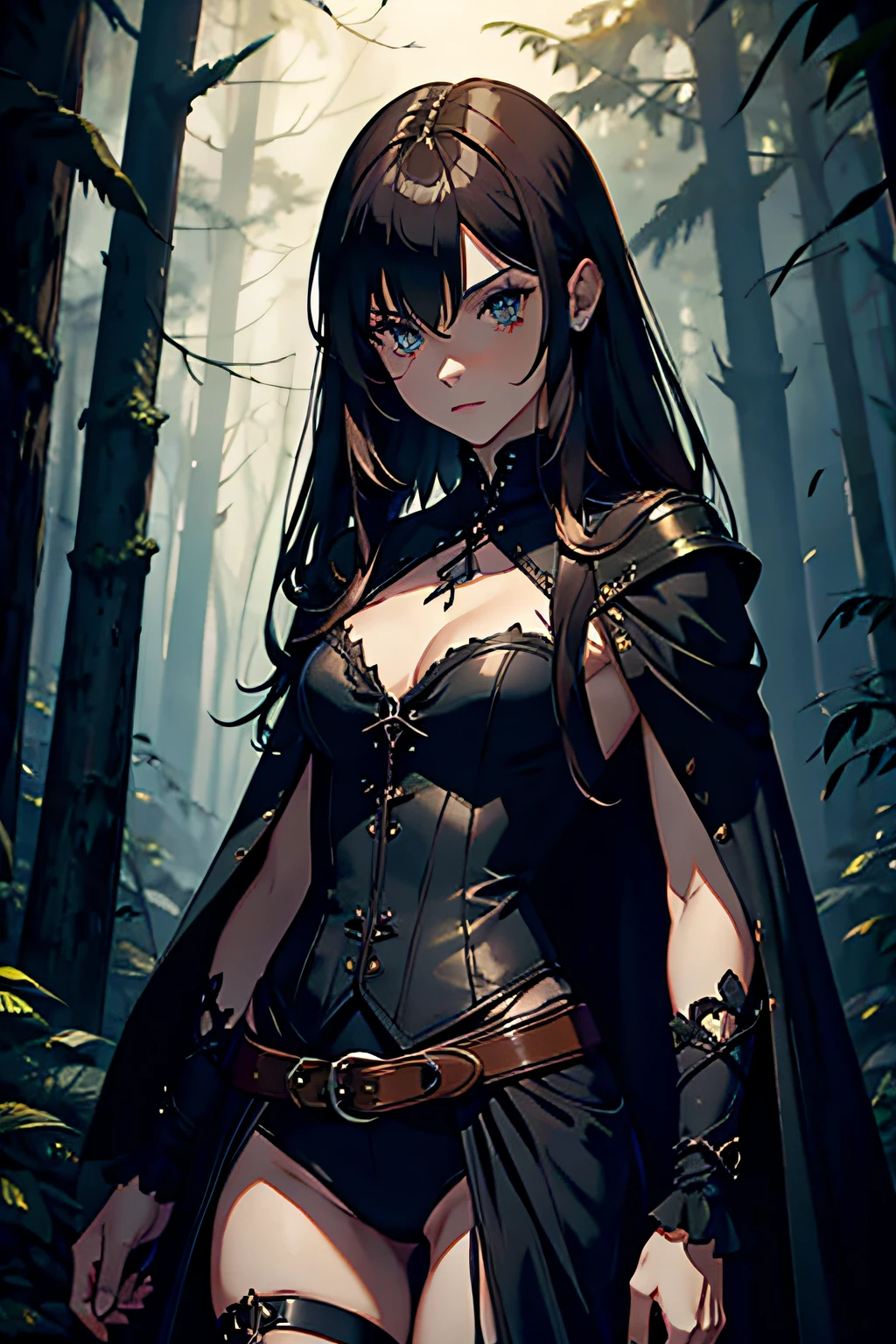 brunette female in a gothic fantasy outfit, a hunter in a dark forest, skinny and small chested