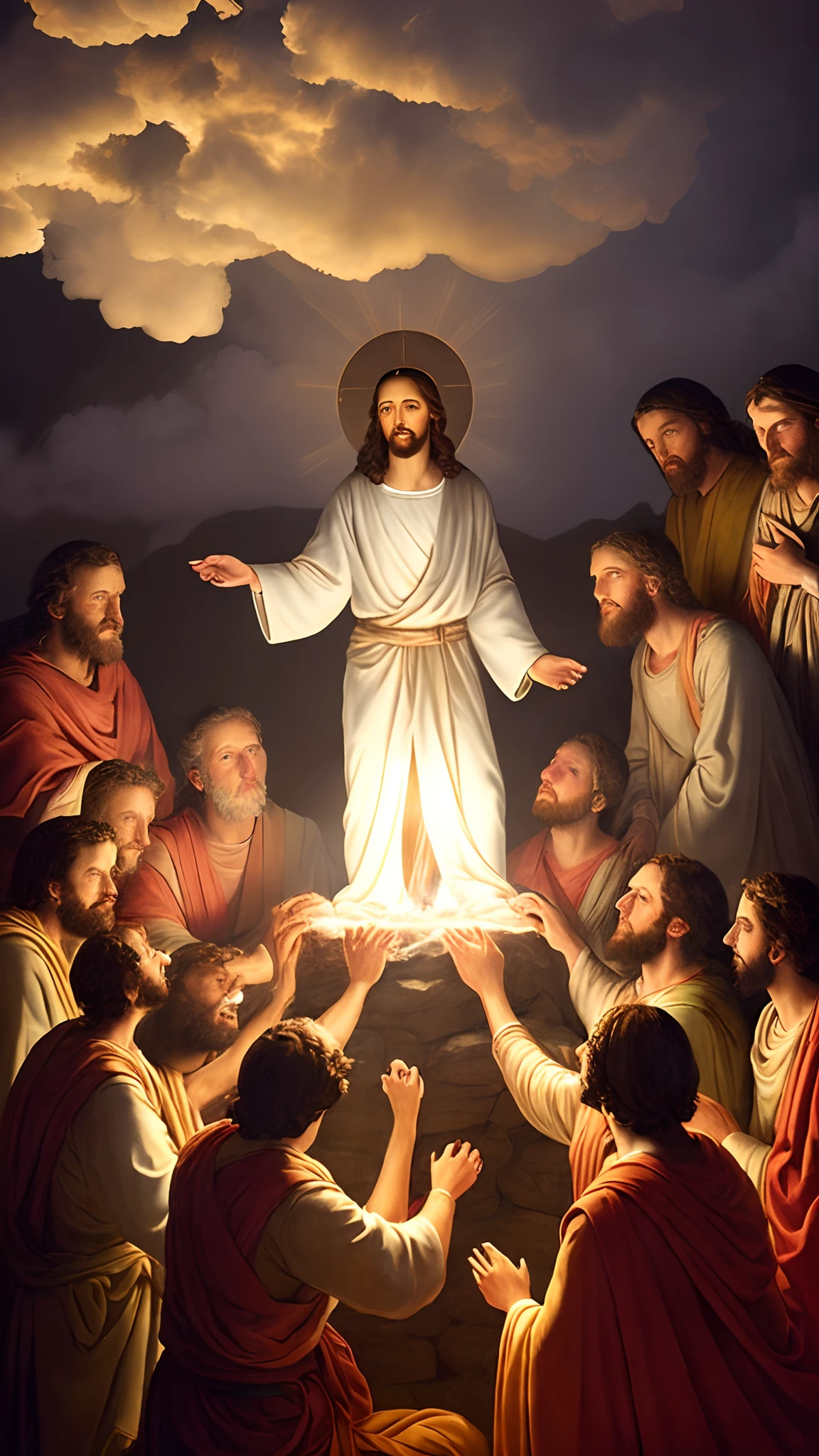 Photo of Jesus illuminating everyone around him in a bright cloud au his side John and Peter 8k, Realistic