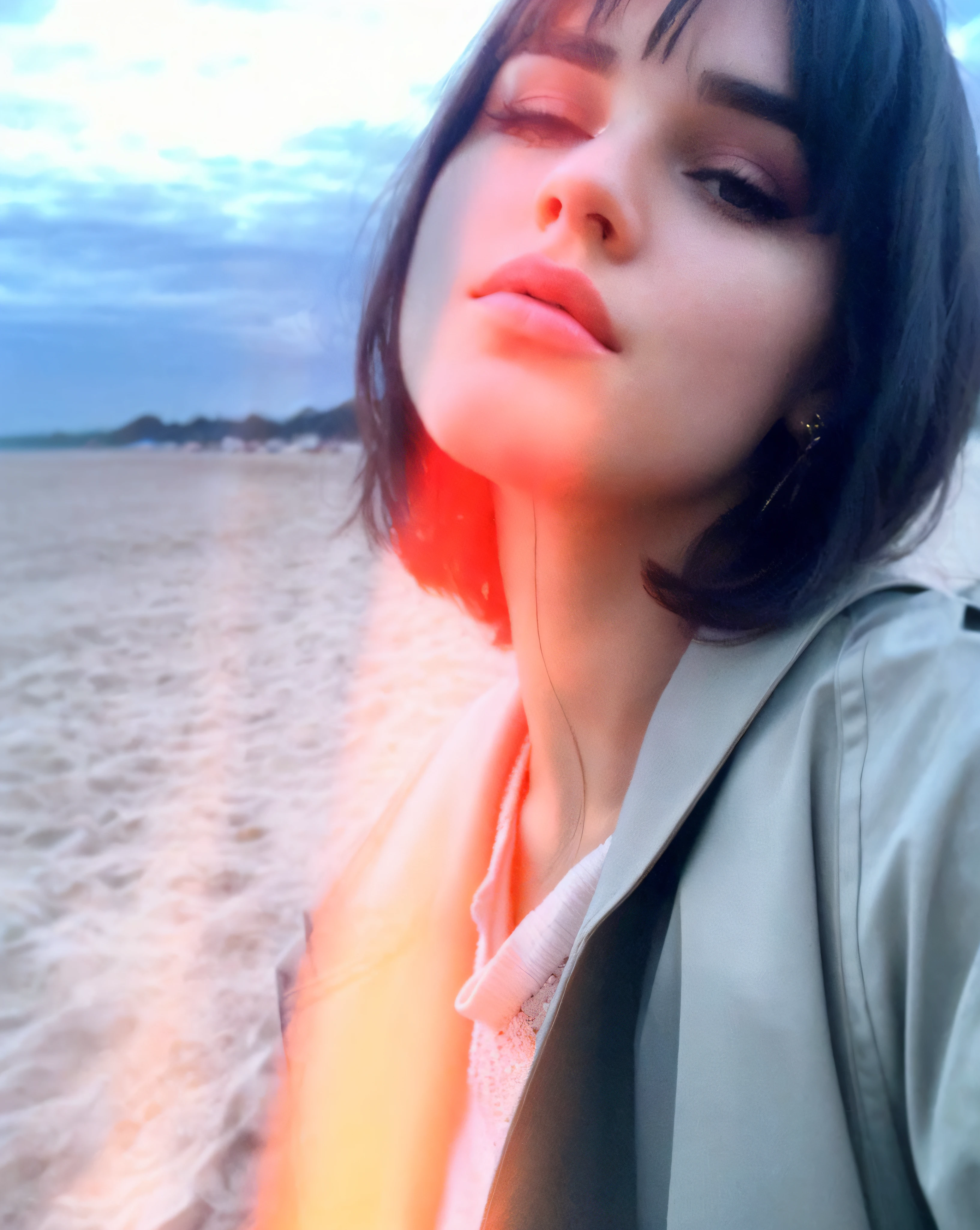 Arafed woman with pink light on her face on the beach, profile image, Selena Gomez, profile shot, Charlie XCX, anastasia ovchinnikova, She has black hair with bangs, charli bowater, Lucy Hale, Joey King, dua lipa, Kendall Jenner, very very low quality picture, Profile picture, alina ivanchenko, Film effect, Illumination, controversial world, high definition, Glamour Photograph, Magazine photo, medium format, gloss, Fashion, Fashion photography, Model, Stunning detail, high key, Bright photo, Emotions, Sensual lips, erotica