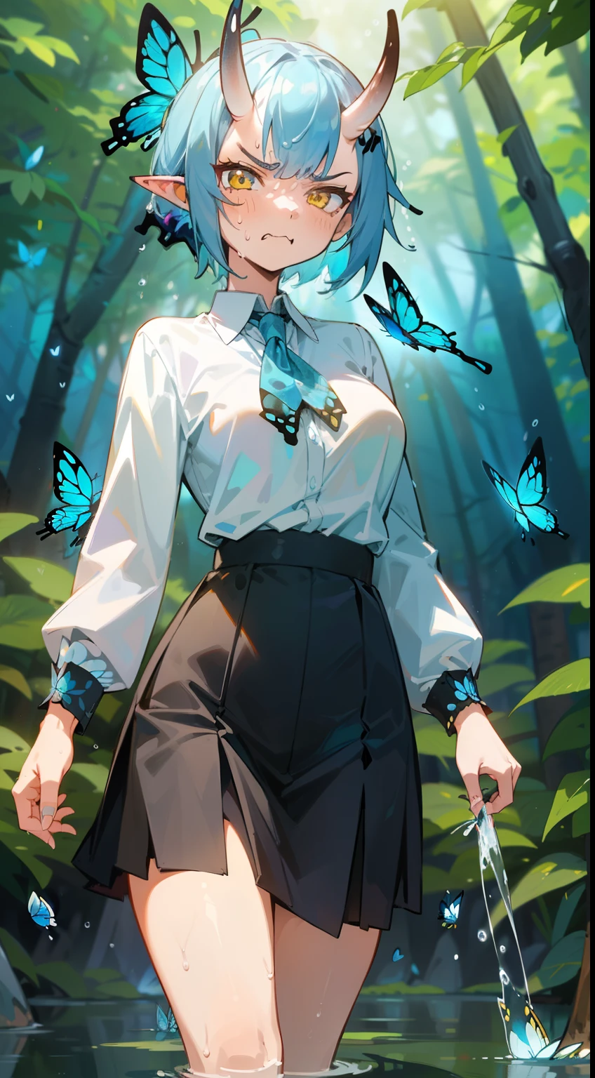 1oni girl,solo,(((angry face))),white shirt,black skirt,light blue hair, short hair,,yellow eyes,elve ear,mature female,oni horns,medium tits,(((walking in a forest))),(((casting water magic, several bright blue butterflies around,hidden hands))),masterpiece,hd,4k