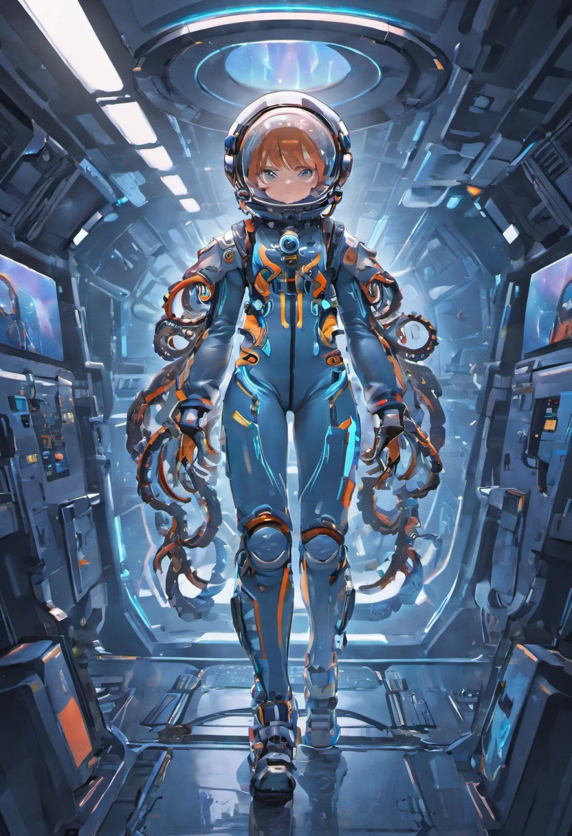 1_A man with glasses ((sports _ overalls)) , leotards, pajamas, space suit. Mandatory sporty style, three stripes on the sides, on the chest the emblem of the sports space team. Space, astronaut, sport, tester.
2_He wears an intricate hood stylized with octopus tentacles, (octopus in a spacesuit), wearing a futuristic space outfit, Venus squid astronaut, Cyborg octopus, Sci-fi costume, Biopunk costume, ((Futuristic sports tech clothes, Future jacket)), Wearing space overalls for sports, active work, competitions, olympic champion, intellectual, Futuristic biopunk wardrobe, Sci-fi suit, Clothes from the future, Technical suit, Octopus Super Nova.
3_High image quality, 4K | Ultra HD | Full HD, cinematic rendering, 3D visualization - a masterpiece, TOP computer graphics ART. High texture detail, fabric, material, nylon, nanofiber, thermal suit, texture, high quality, (shades of gray, with blue, white, inserts). Film grain, dust, and particles in the air.
4_ Background environment; spaceship cabin, sports equipment, cyberpunk, male style. Studio light, lateral, contrast cold shadows, and warm golden light. Behind the character is a large porthole with a view of infinite space, distant galaxies, the brilliance of stars, a hot star - a flaming ball, alien worlds, and extraterrestrial civilization.