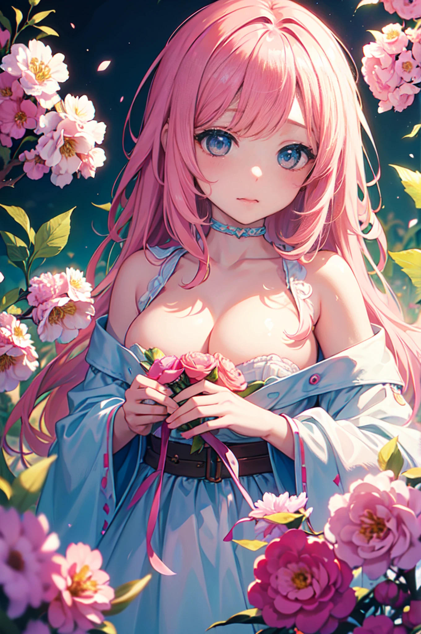 (best quality, 8k, masterpiece:1.2, nsfw ),Cutest,Cute girl,mesugaki,Beautiful face,Beautiful eyes,Beautiful hair, Light pink hair,Lots of colorful flowers,