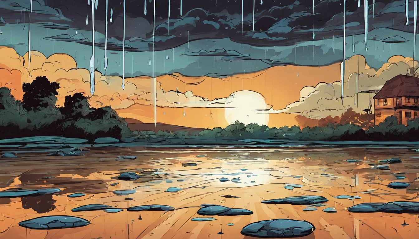 dark stormy sky, puddles of rain on the ground, reflection, destroyed stone ground, rain