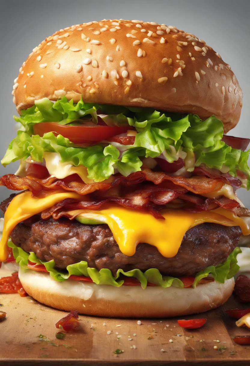 a delicious juicy burger, mouth-watering, colorful toppings, melted cheese, toasted bun, perfectly grilled patty, crispy bacon, fresh lettuce, ripe tomatoes, tangy pickles, creamy mayonnaise, crunchy onions, rich ketchup, side of golden fries, greasy goodness, foodporn
