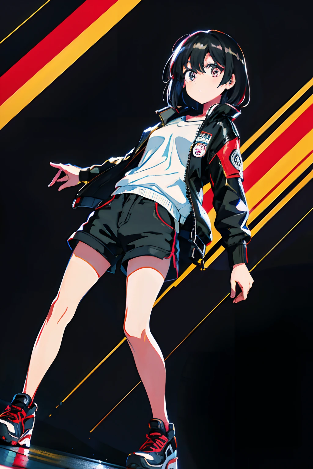1girl, short black hair, red eyes, wearing black jacket, wearing black baggy shorts, surprised face, night, city, colorful background, absurdres, high res, ultrasharp, 8K, masterpiece, looking at viewer, beautiful eyes, low angle shot