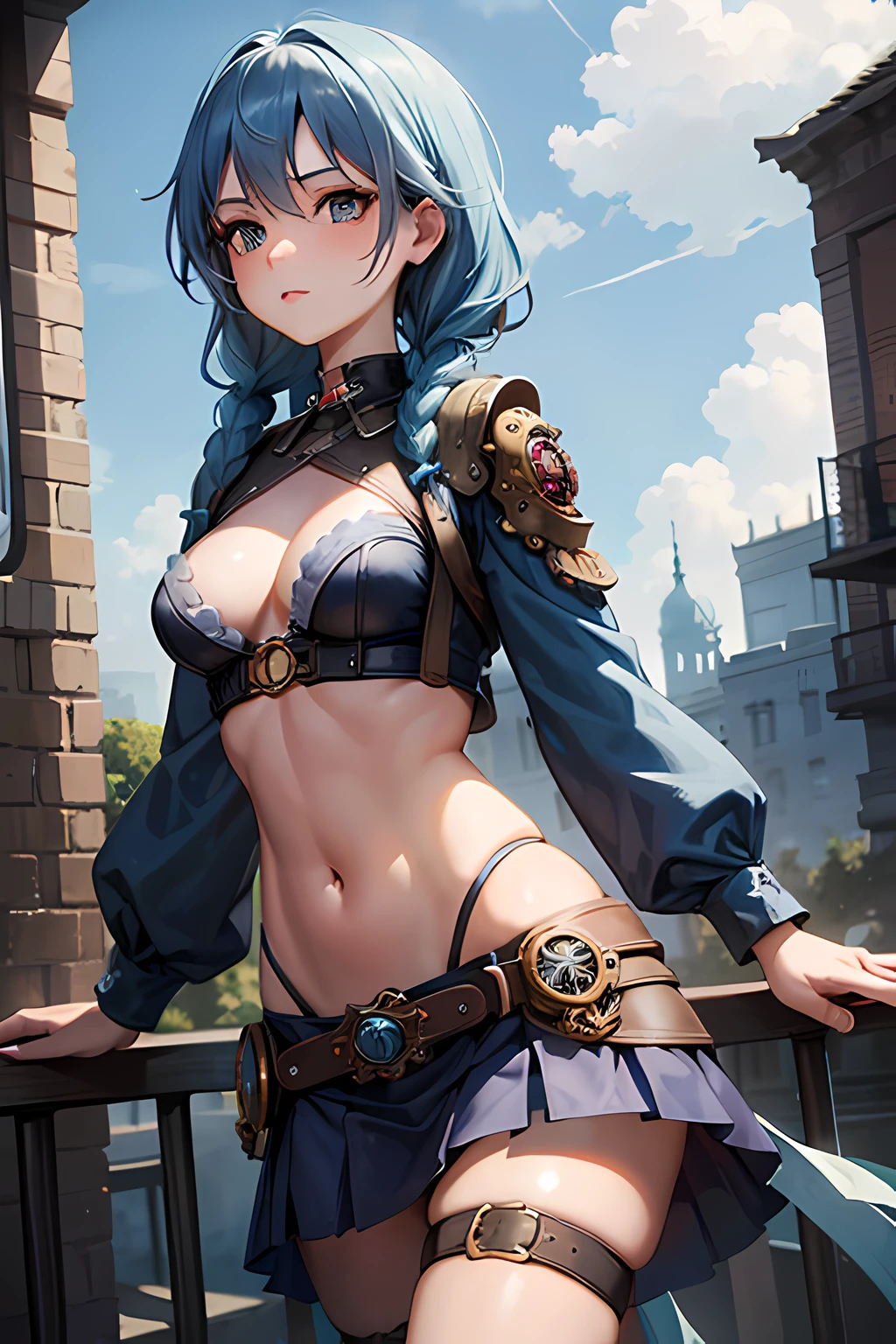 (best quality, masterpiece), 1girl, blue hair, braids, steampunk, gears, skirt, cutout above navel, small breasts, cloudy sky, sexy, tight