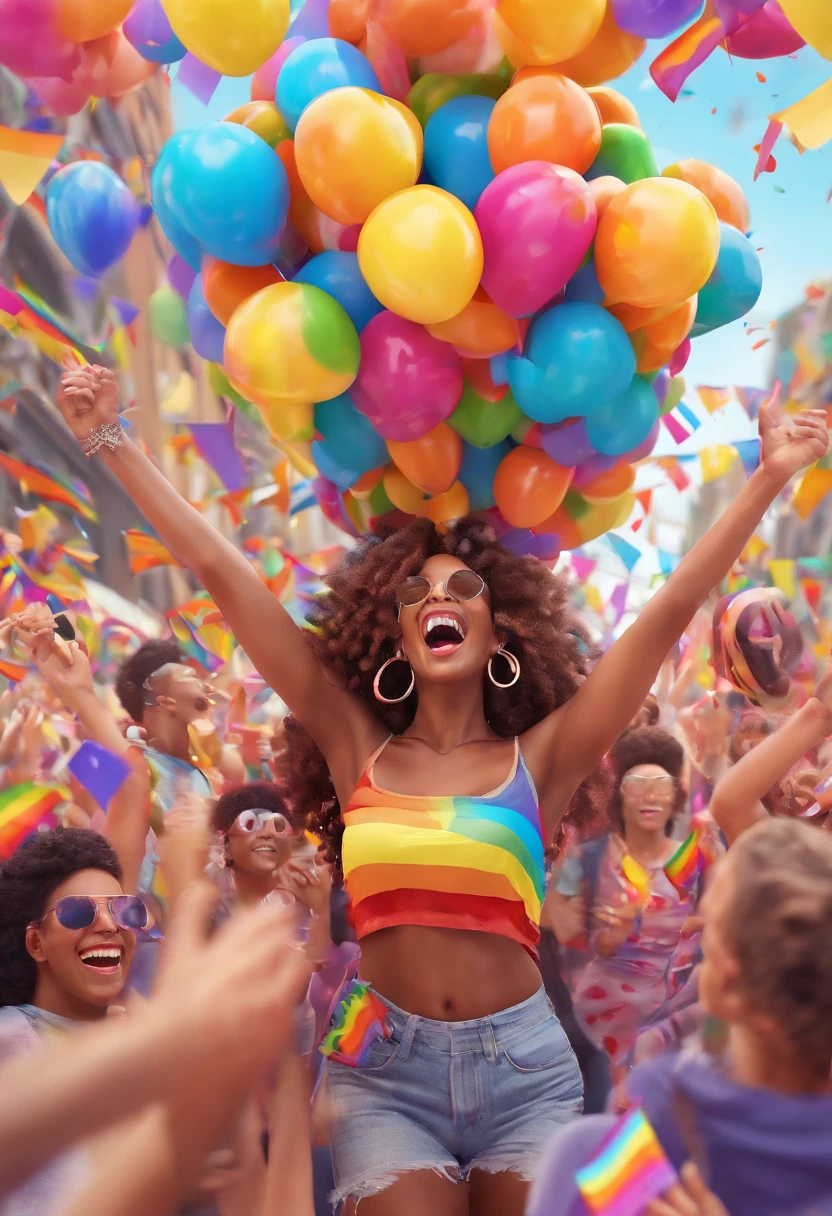 A Woman with a Rainbow Flag, belos olhos detalhados, Sorriso confiante, and vibrant personality is in the middle of a busy pride parade. She is surrounded by a diverse and passionate crowd that is celebrating love, inclusion, e igualdade. Colorful balloons, Giant floats, e pessoas com trajes vibrantes enchem as ruas, criando uma atmosfera animada e festiva. The air is filled with joy and excitement as music blows from the speakers and confetti fills the air. The art is created using a combination of illustration and photography. The medium used is a digital illustration with a touch of photo-realism, Enhancing the details and bringing the scene to life. The colors are vivid and vibrant, com uma ampla gama de matizes para capturar a diversidade e energia do desfile. The lighting is bright and sunny, casting a warm glow on the scene and highlighting the cheerful expressions on people's faces. Image quality is top-notch, with high resolution of 4k or 8k. Every detail is meticulously crafted, from the intricate patterns on the costumes to the reflections on the shiny floats. A obra de arte tem um estilo realista e foto realista, making it feel like a snapshot of a real-life celebration. The warning emphasizes the celebration of pride, The diversity of the crowd, e a atmosfera vibrante. It captures the essence of Marsha P. Johnson,The legacy and its contribution to the LGBTQ community+ movimento de direitos.